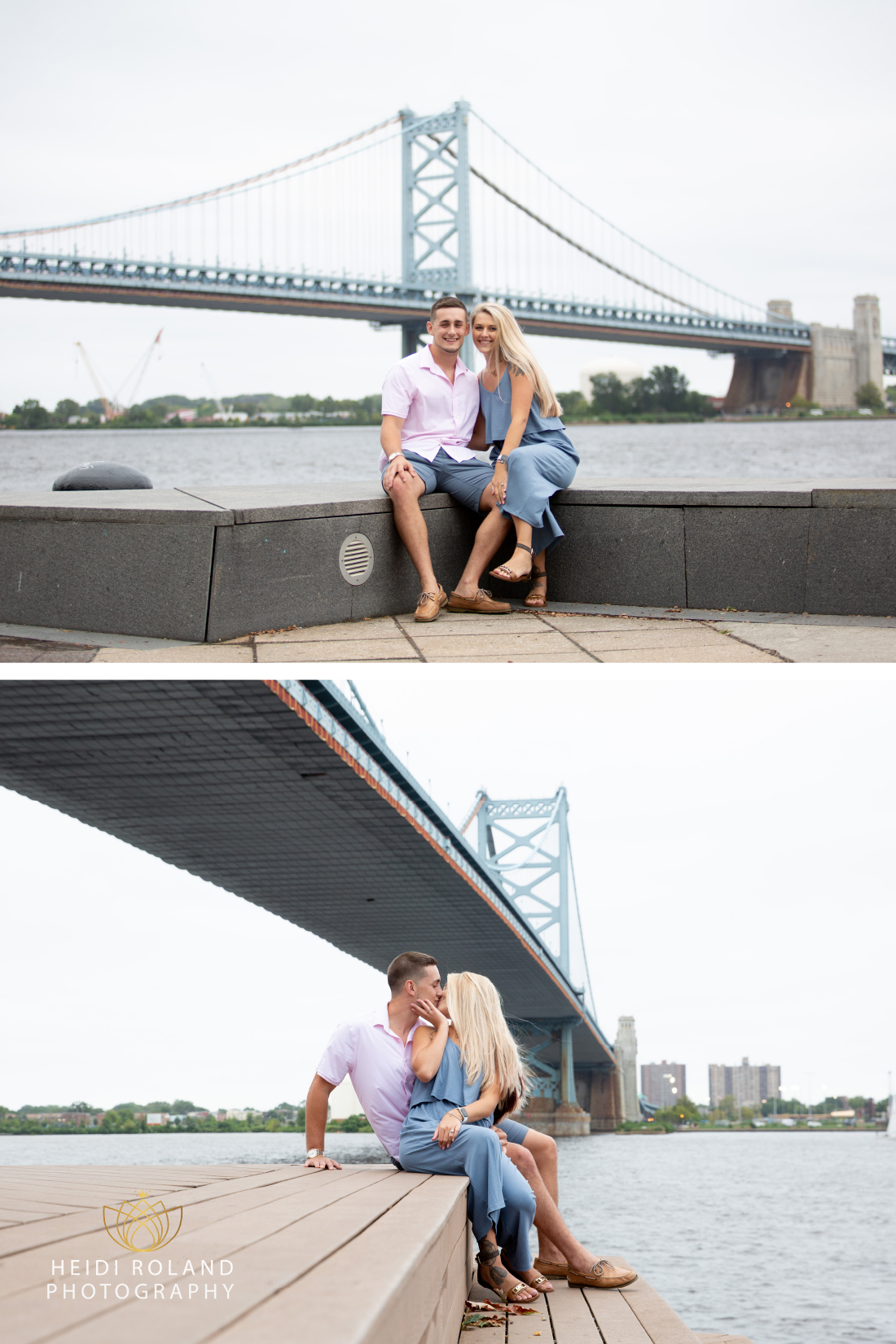 Man and woman sitting near Ben Franklin Bridge and kissing after proposal in Philadelphia