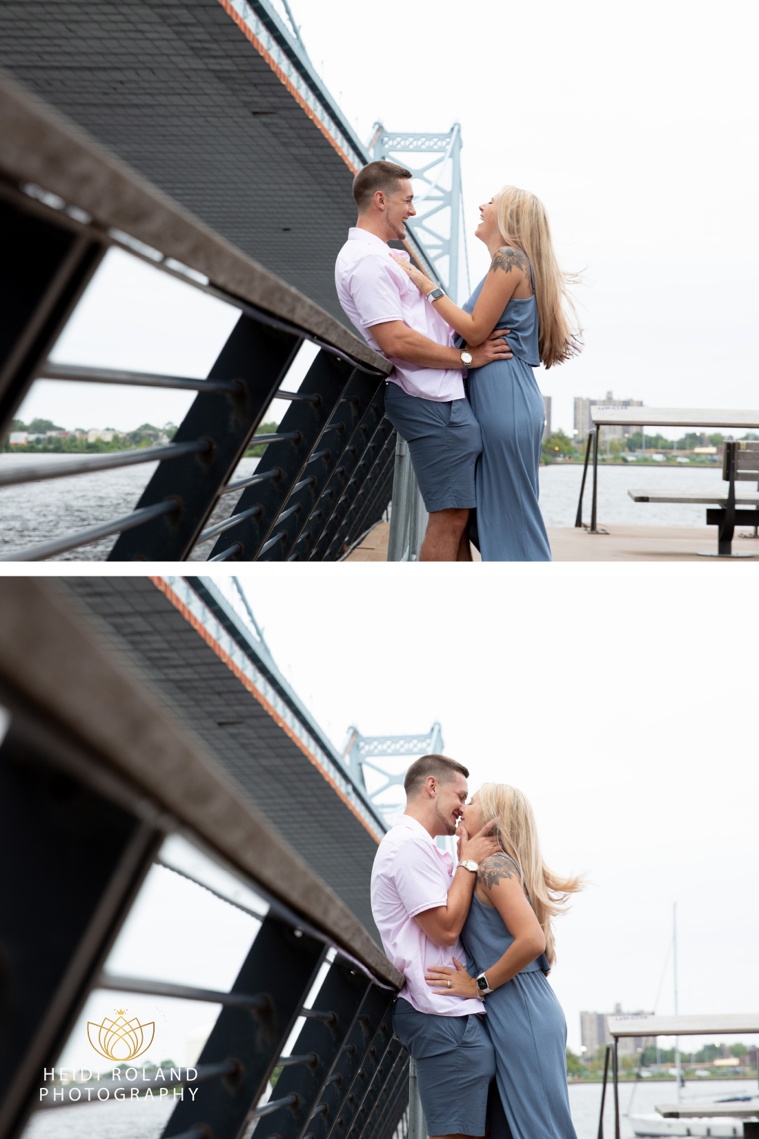 Newly engaged couple kissing near Ben Franklin Bridge in Philadelphia