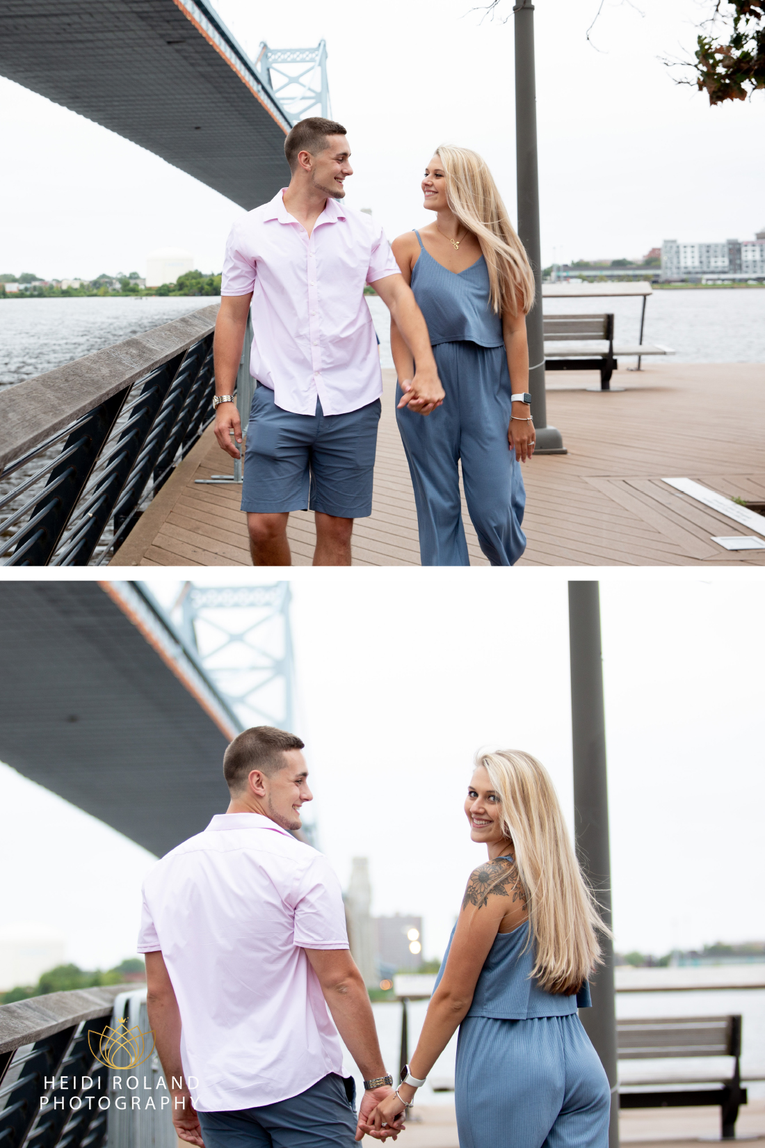 Engaged couple holding hands and walking along Race Street Pier
