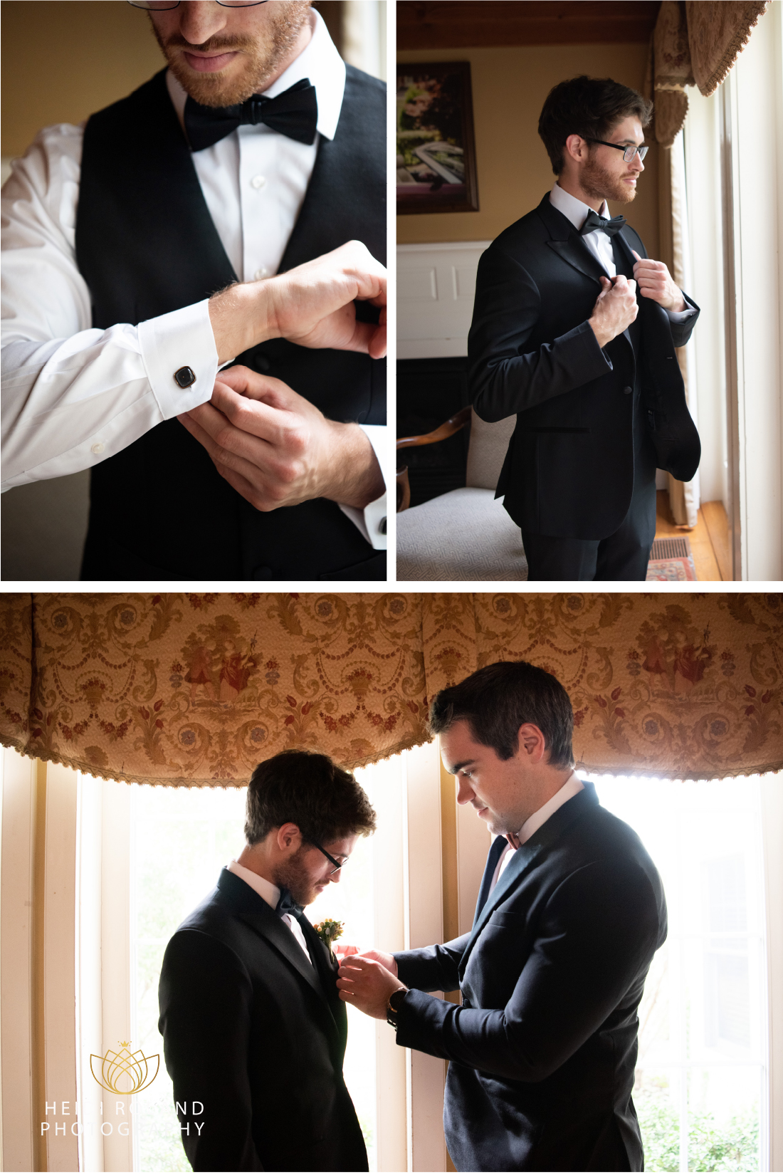 Groom getting ready for wedding day at the Joseph Ambler Inn in Philly suburbs 