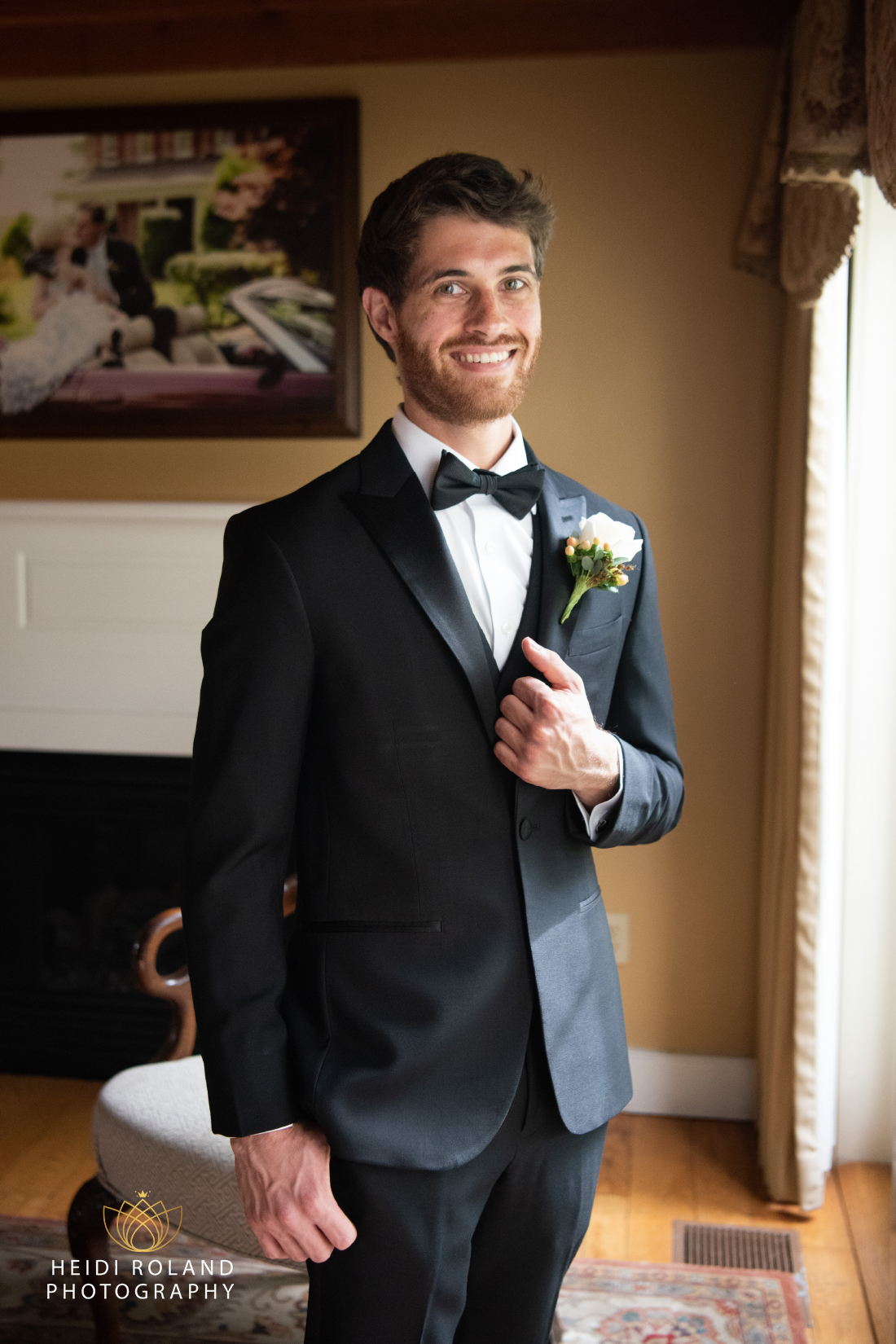 Groom before first look with bride getting ready at the Joseph Ambler Inn in Pennsylvania 