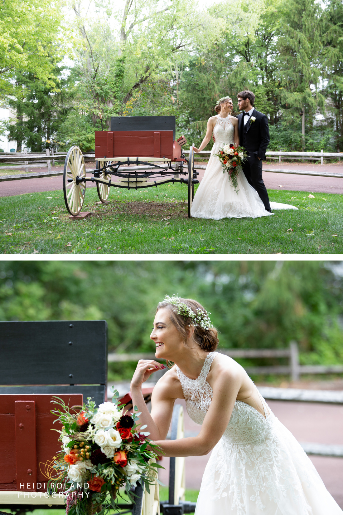 Bride leaning on old carriage outside of Joseph Ambler Inn at rustic PA wedding 