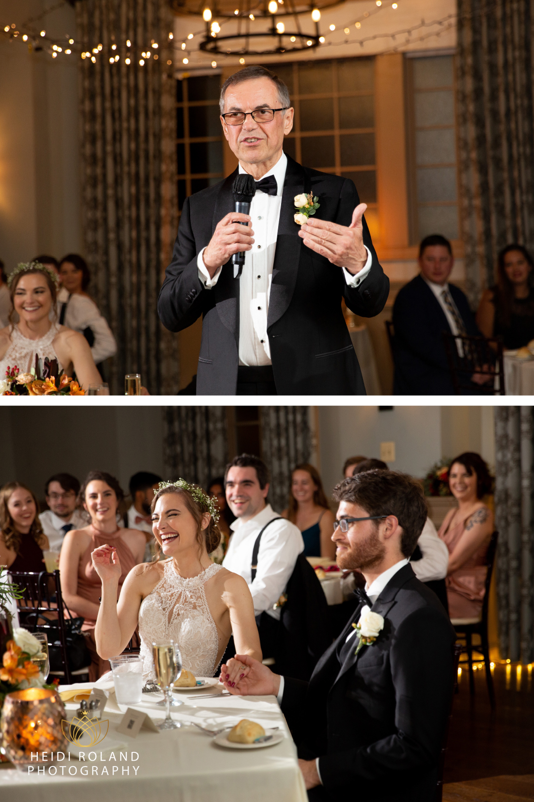 Family members giving toasts during wedding reception while bride and groom watch and laugh