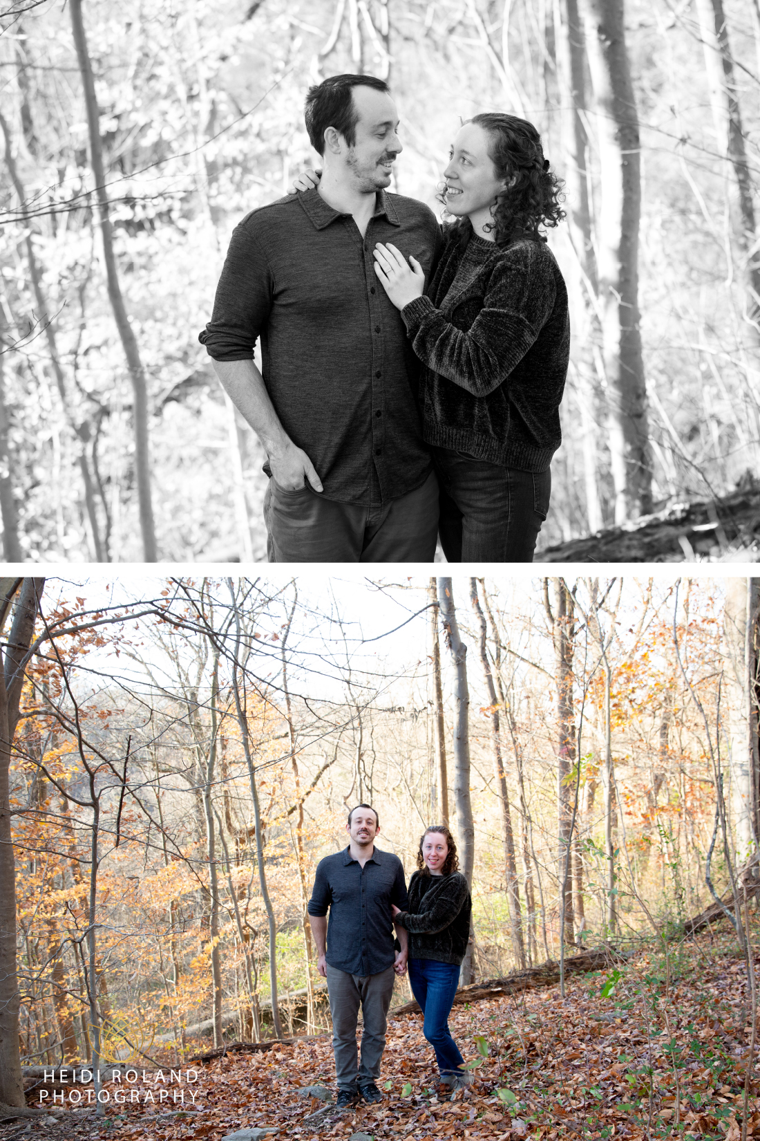 engaged couple in the woods in philadelphia by Heidi Roland photography