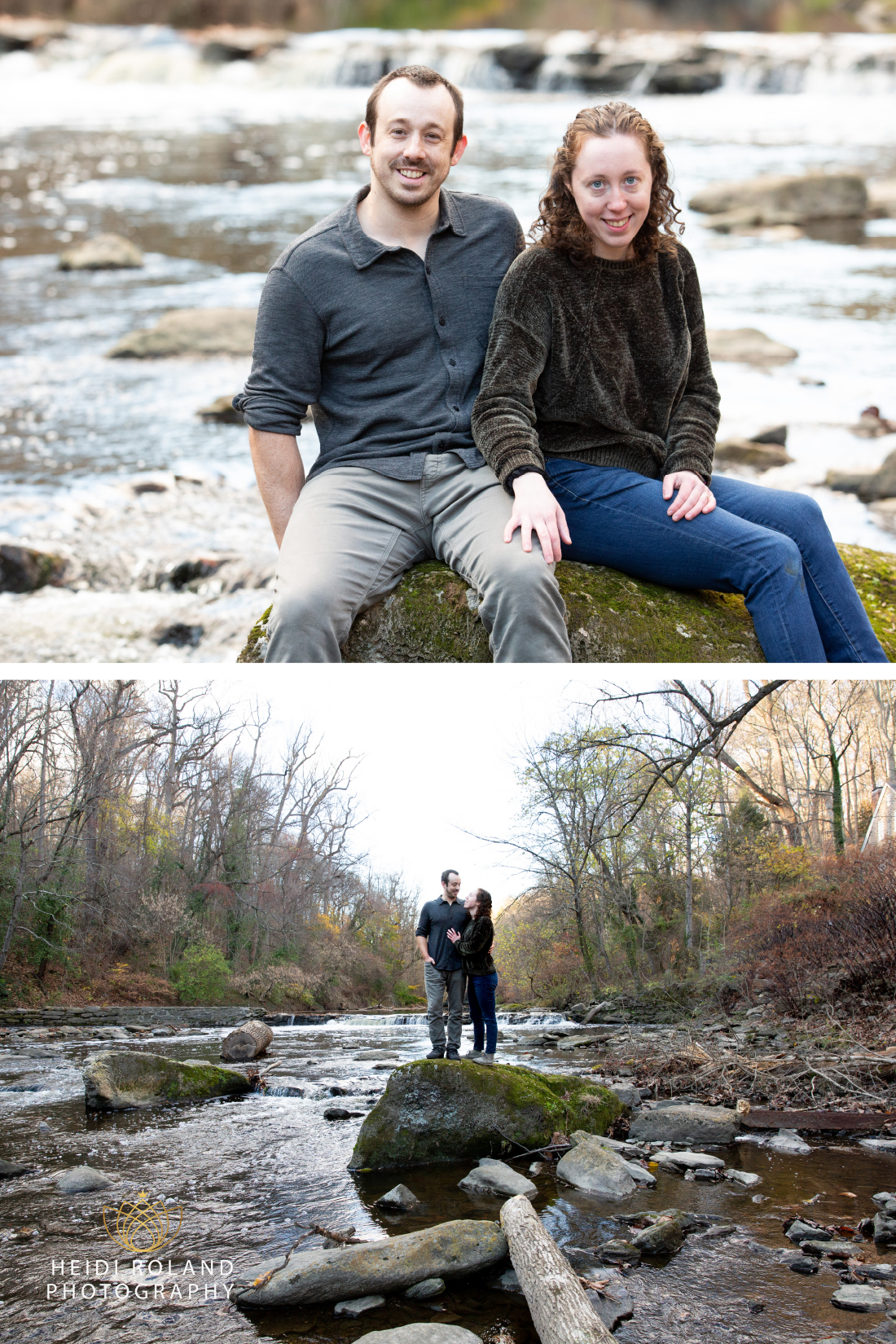 Engaged couple sitting on a rock by the river in philadelphia park