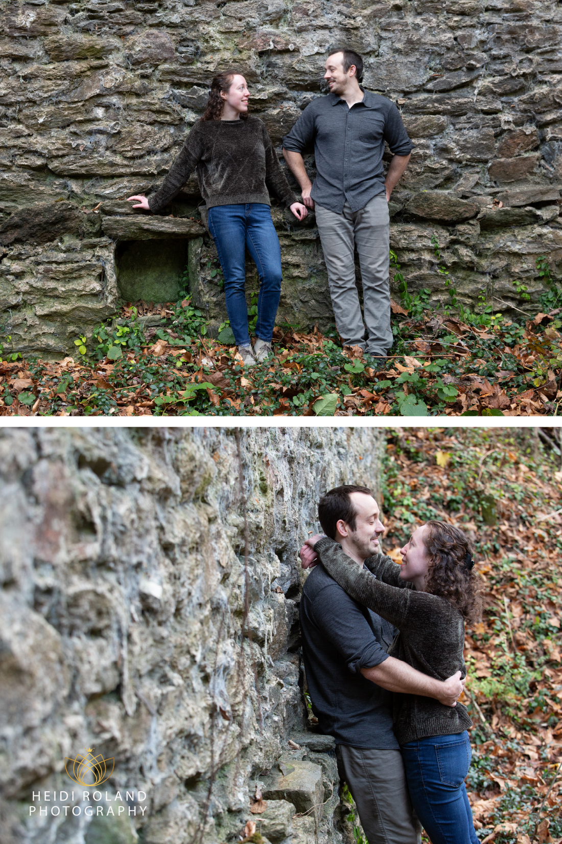 Man and Woman leaning against rock wall in Philly park 