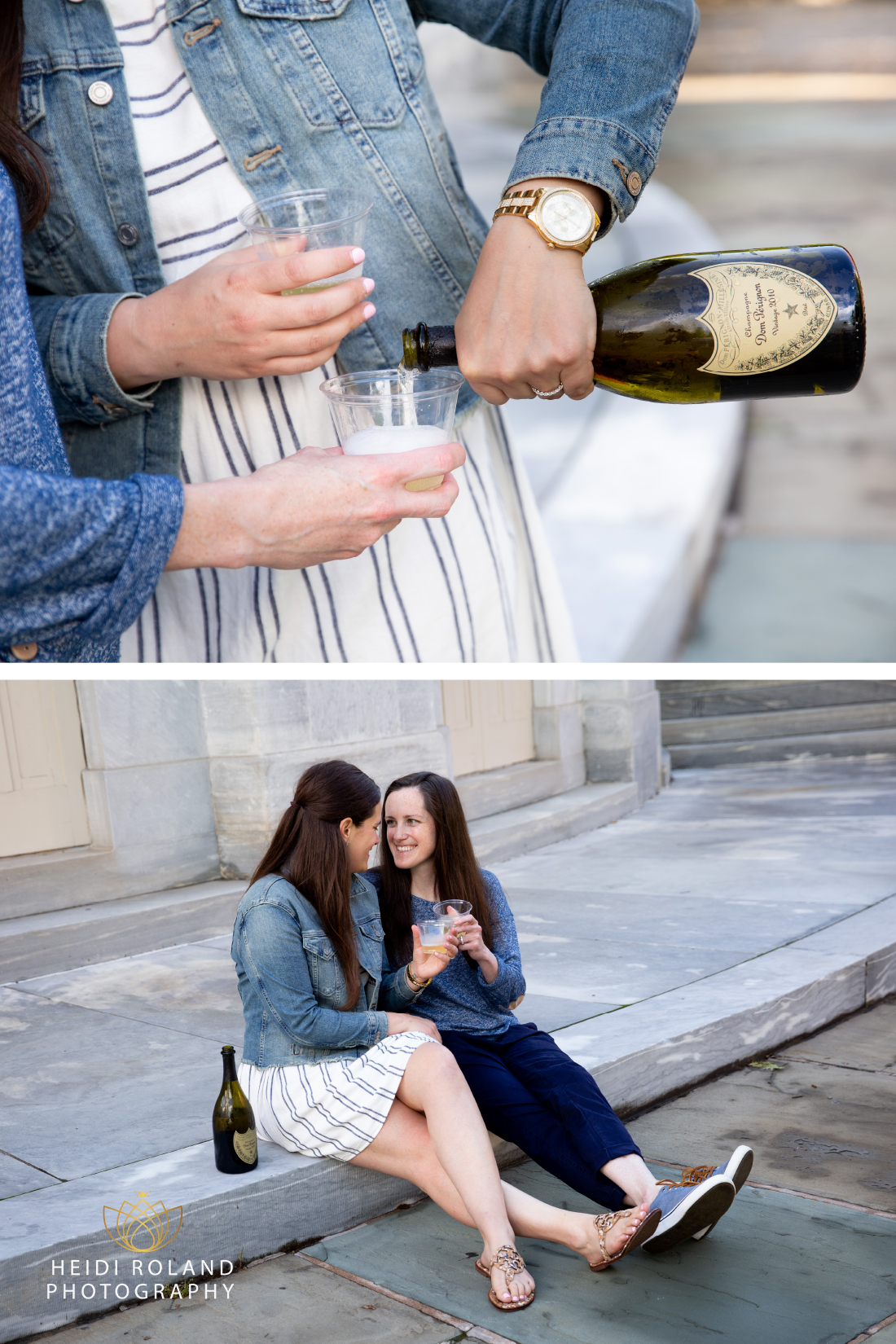 Engaged women drinking champagne outside of Merchant Exchange Building in Old City Philadelphia by Heidi Roland Photography