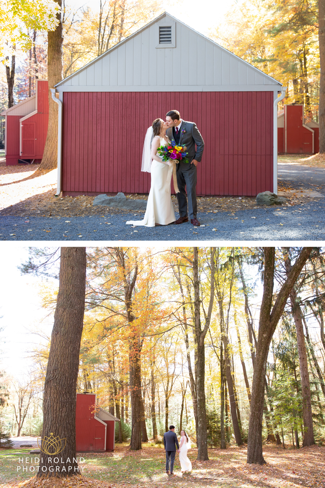 Bride and groom kissing during first look outside of a red barn at Memorytown Mount Pocono wedding