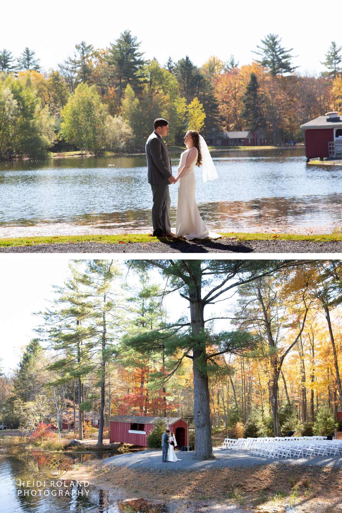 Bride and groom standing by a lake where wedding ceremony will be in Mount Pocono PA
