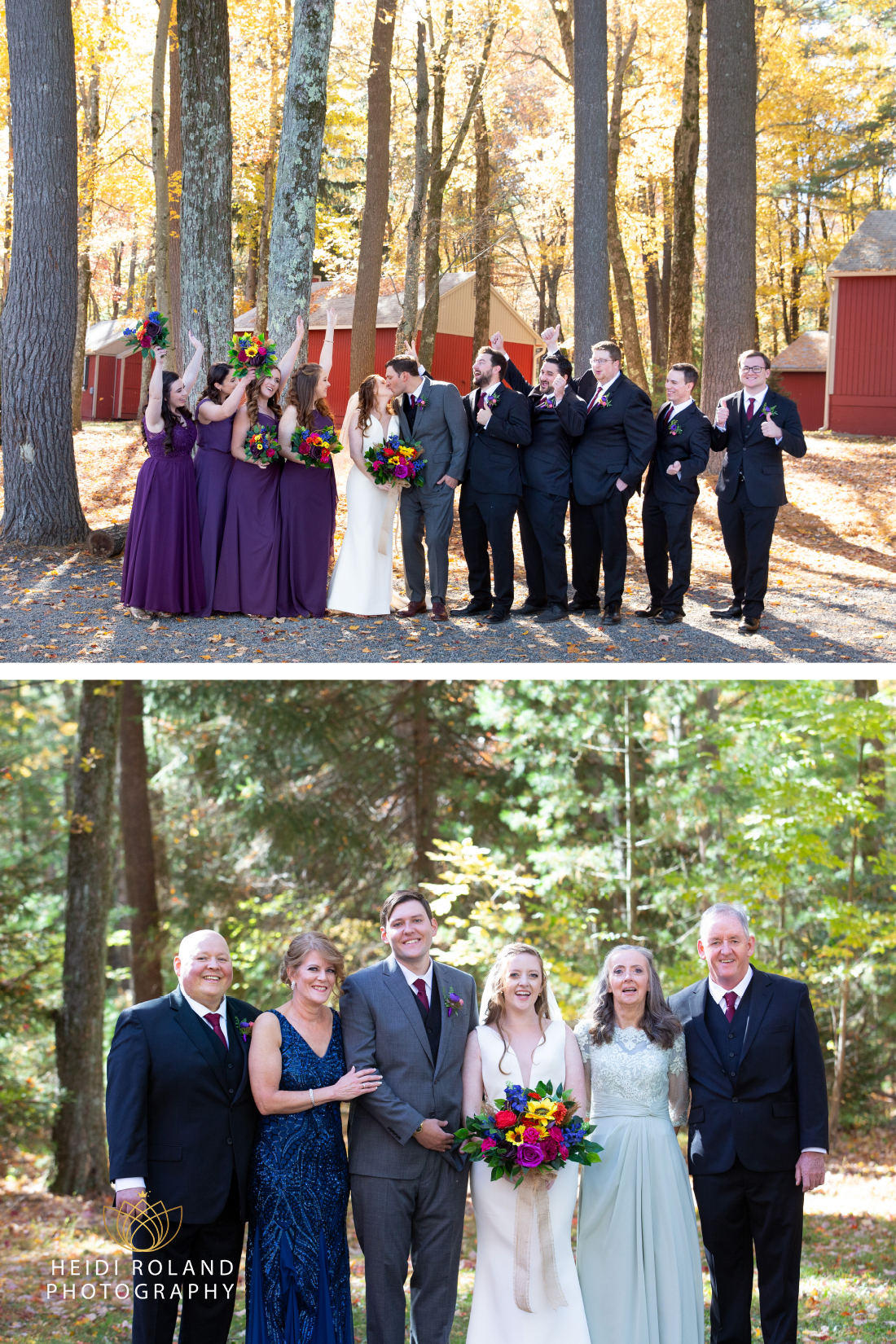 Bride and groom with their loved ones at fall wedding in Mt Pocono PA