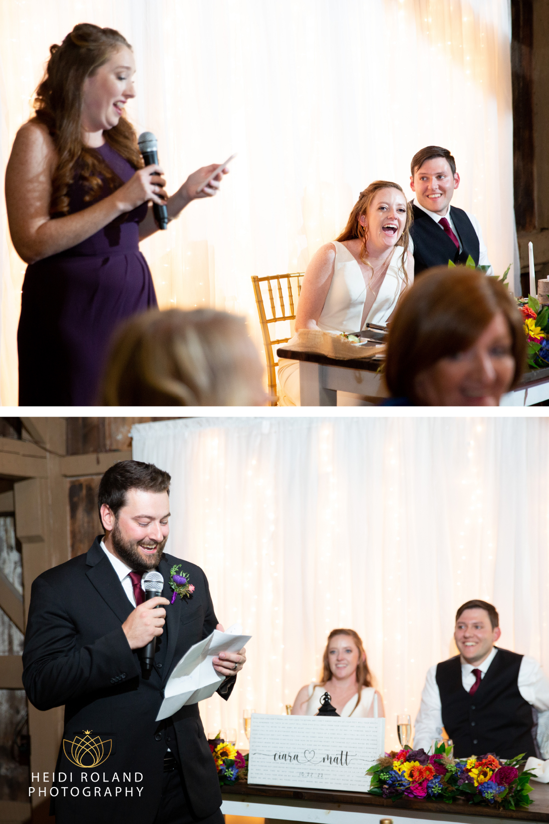 Couple laughing during maid of honor and best man speeches at Memorytown wedding