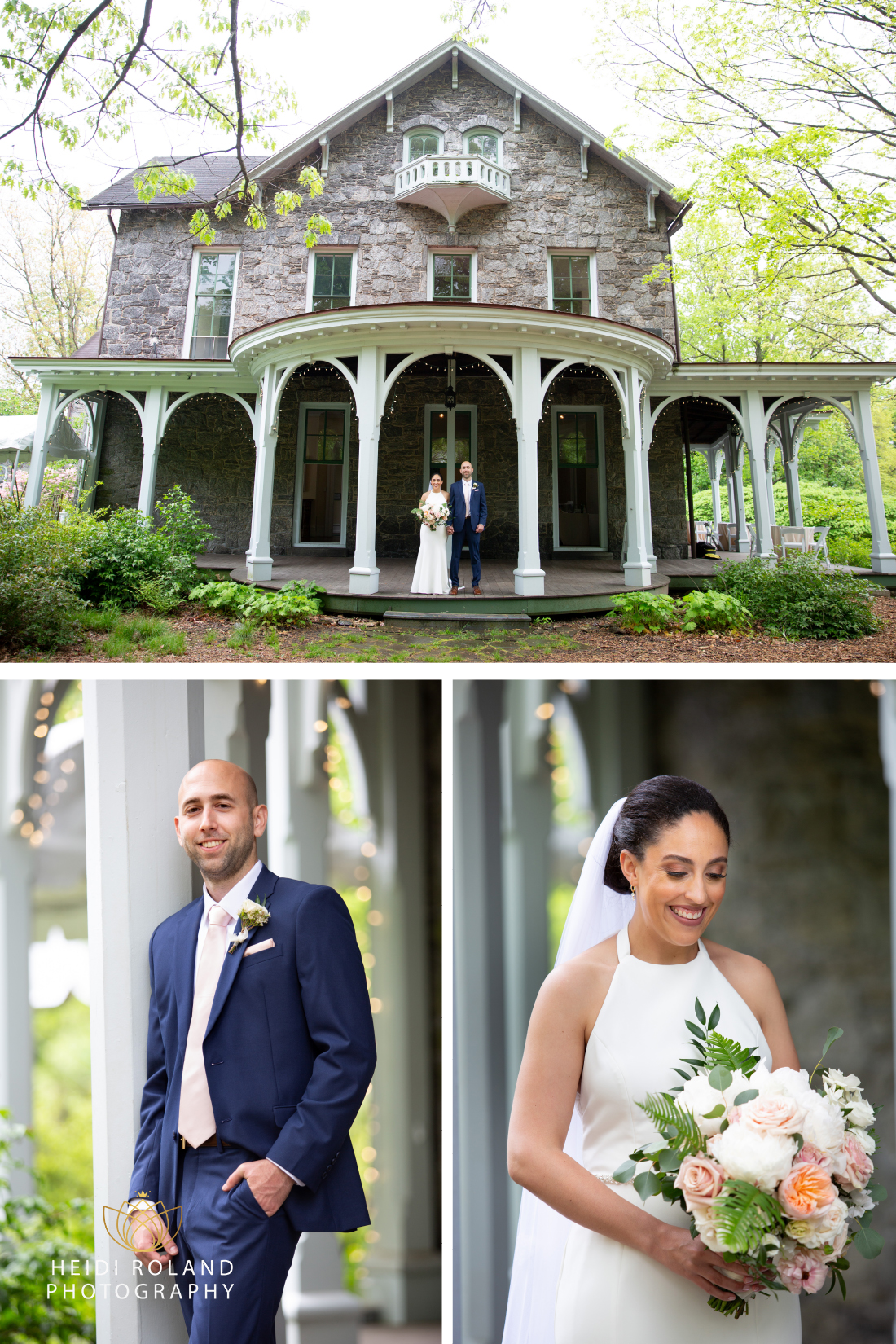 Bride and groom on the porch of Portico at Awbury Arboretum in Philadelphia 