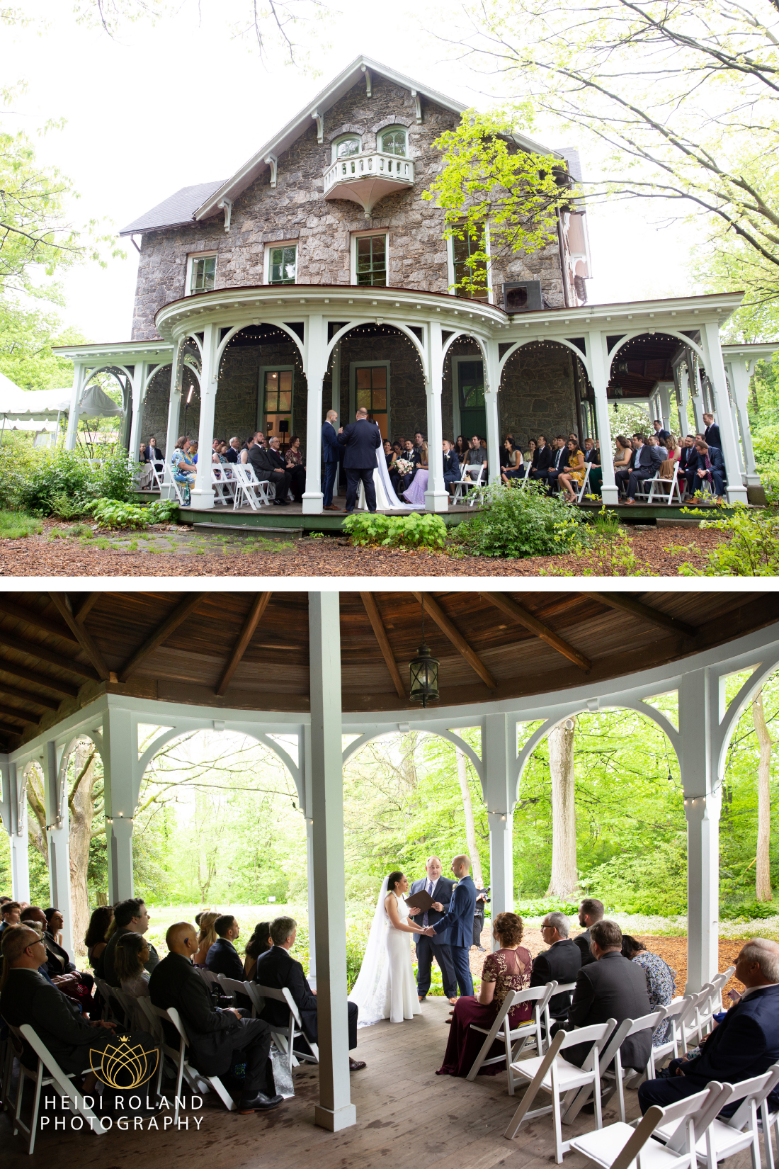 Wedding ceremony on the porch of Portico at Philadelphia's Awbury Arboretum