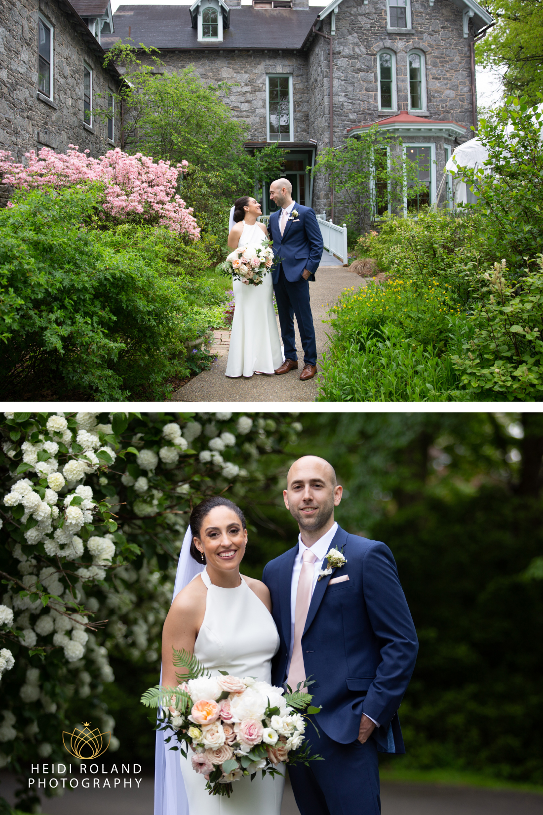 Couple on their wedding day in the Portico Garden at Awbury Arboretum