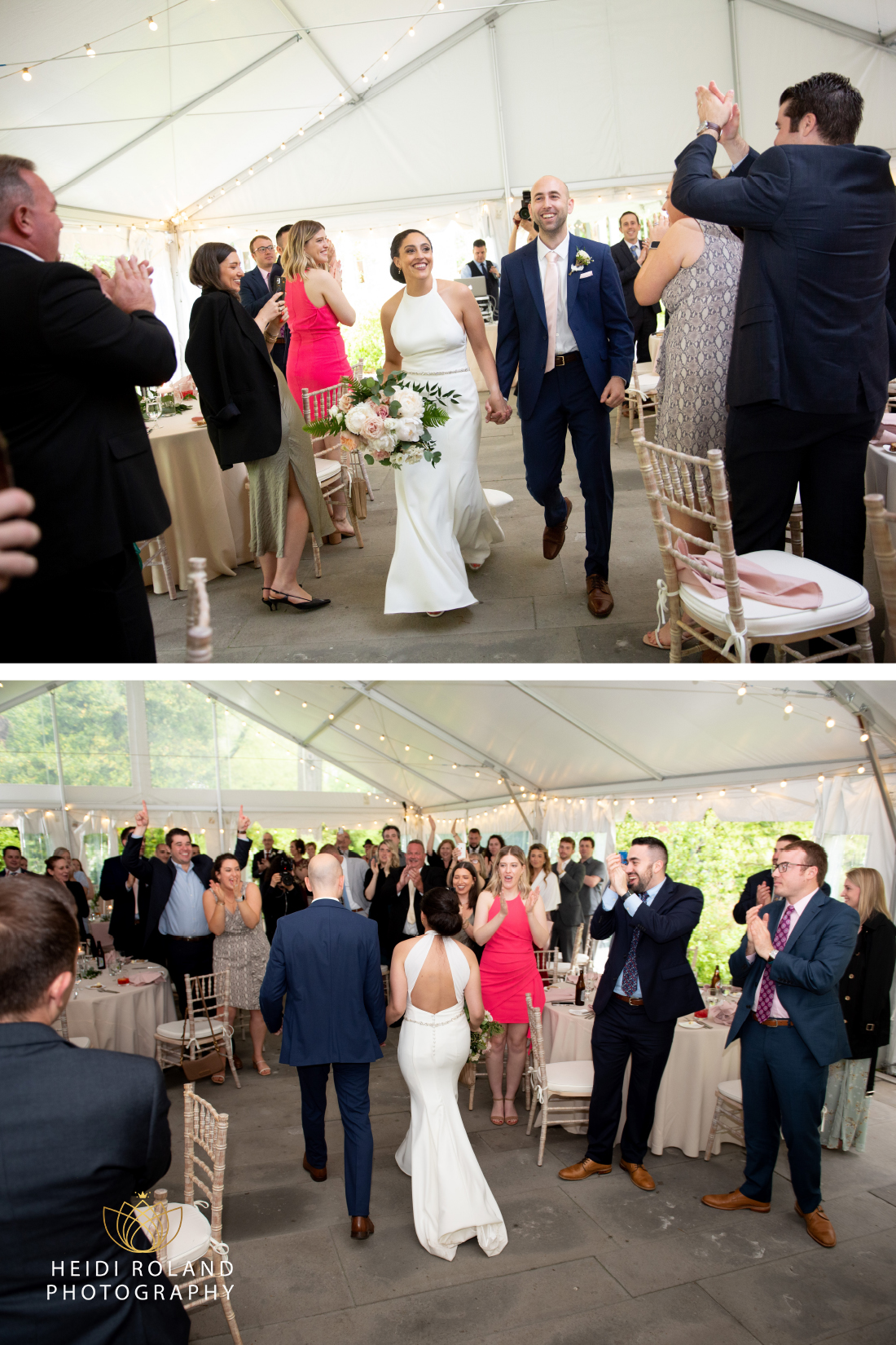 Couple walking into their wedding reception as husband and wife at tented reception at Portico 