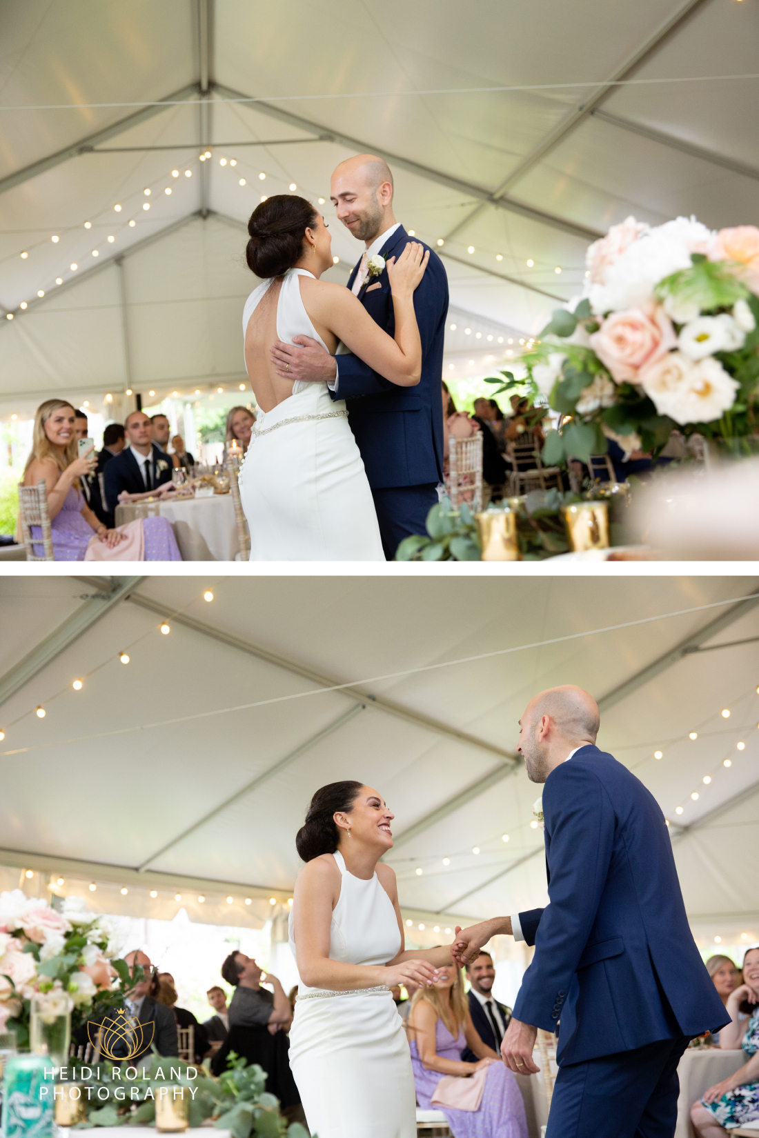 Bride and groom sharing first dance under Portico tent at Awbury Arboretum in Philadelphia