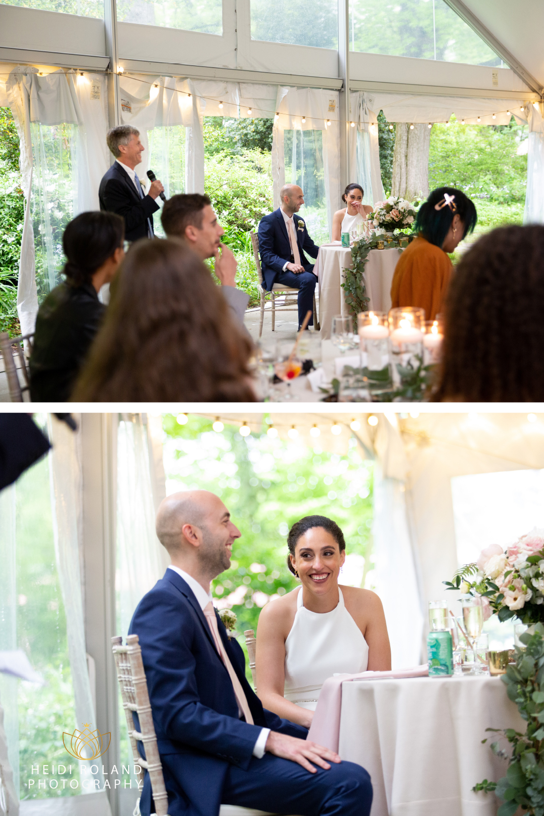 Bride and Groom sharing laugh during the speech at their Portico wedding