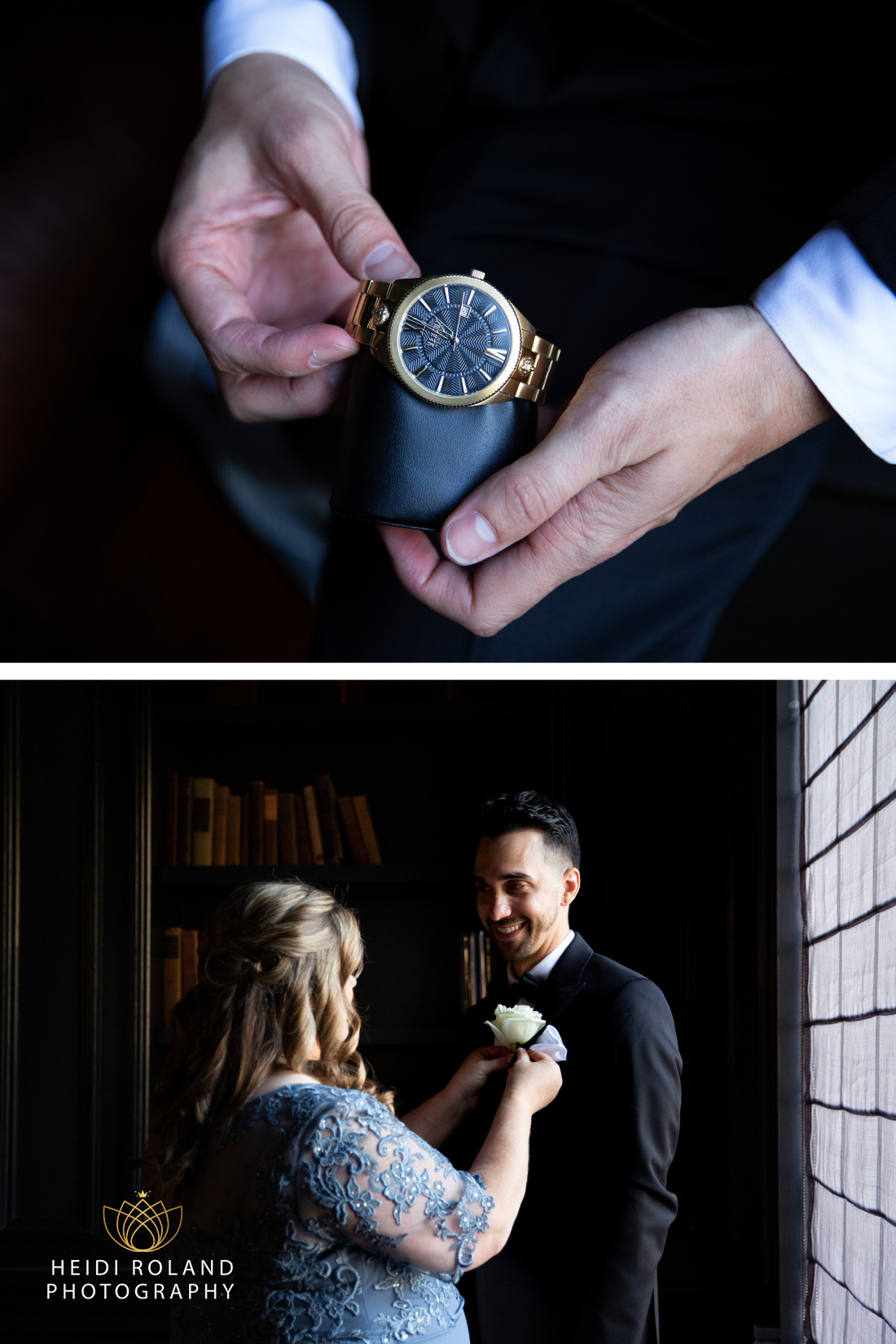 Groom showing his watch and receiving boutonnière from his mom on wedding day in philadelphia