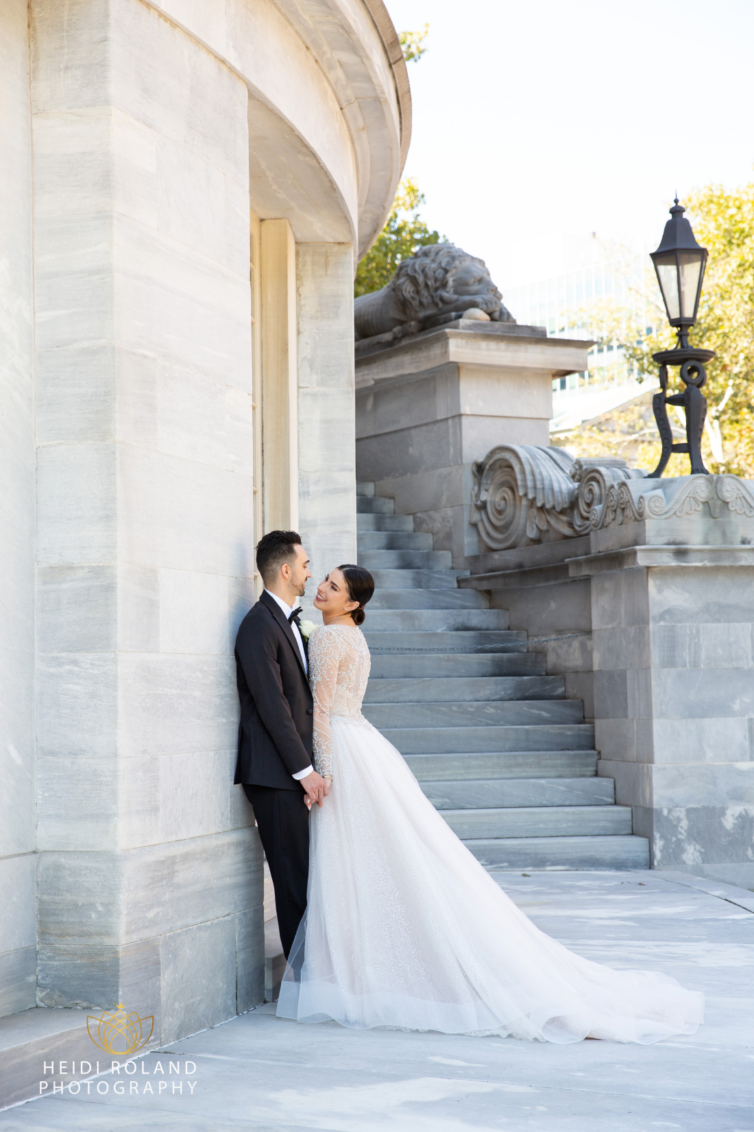 Bride and groom smiling in Old City Philadelphia by Heidi Roland Photography
