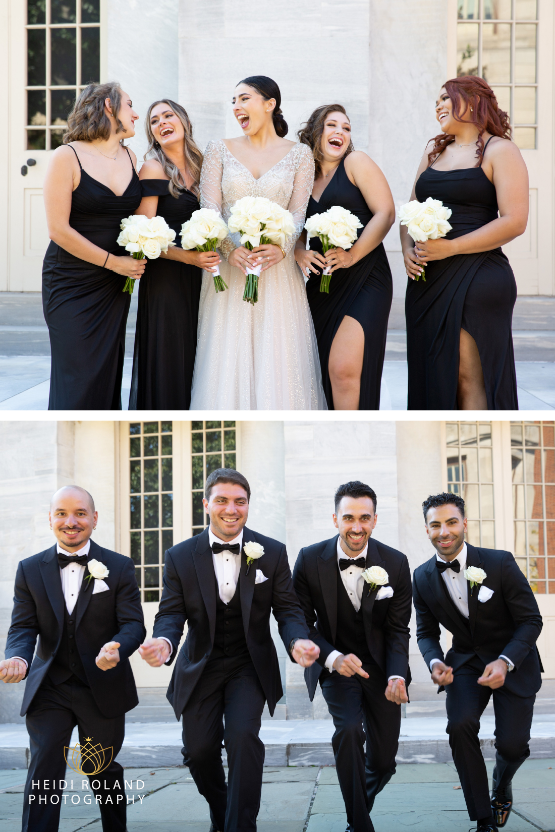 Bride laughing with her bridesmaids and grooms snapping and walking together on wedding day in philadelphia