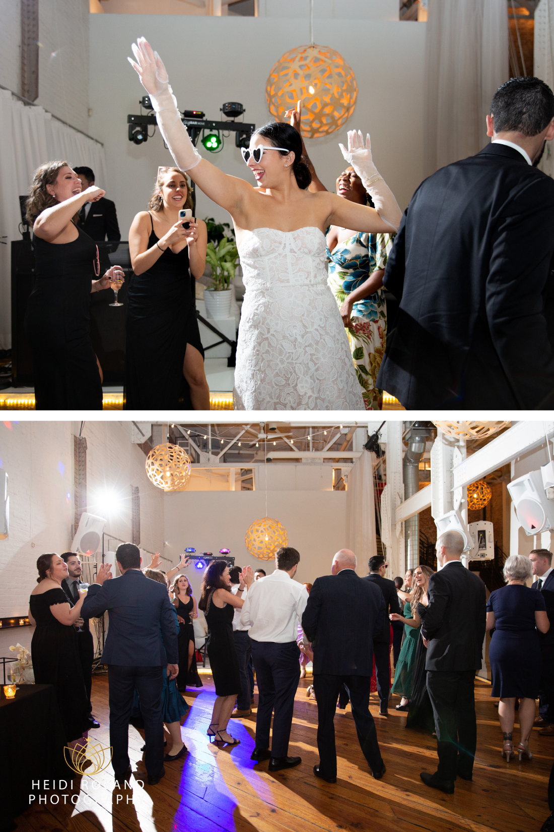 Bride wearing sheer gloves and heart shaped glasses dancing on wedding day