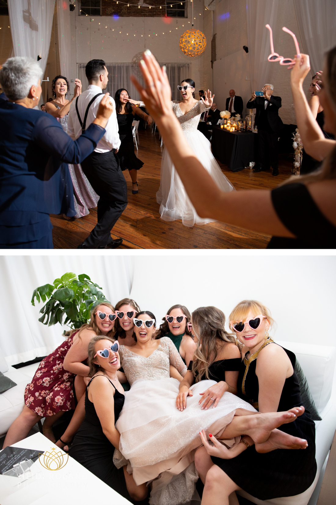 Bride in her wedding dress being held by her friends wearing heart shaped glasses at philadelphia wedding