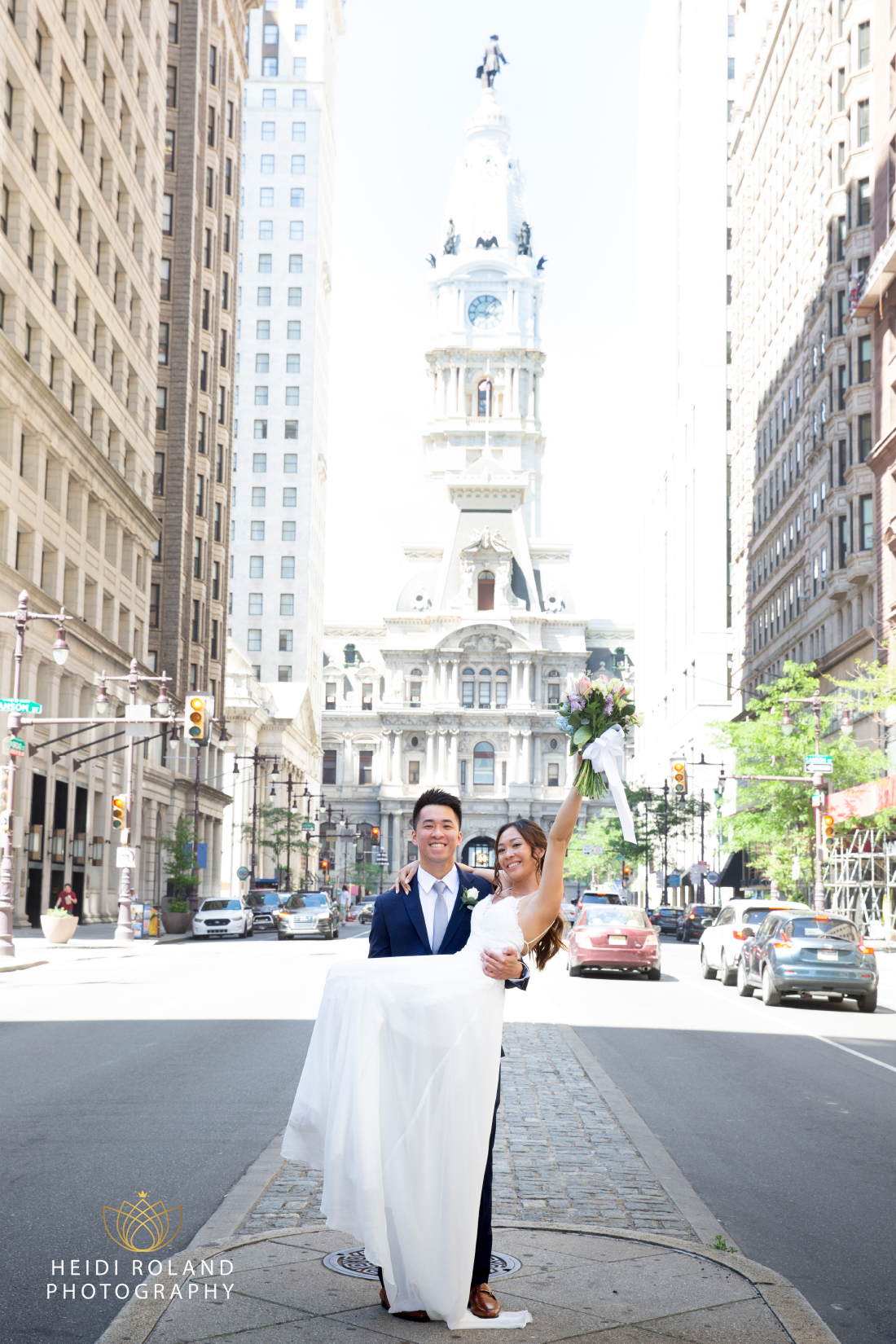 A couple on their wedding day on Broad Street in Philadelphia