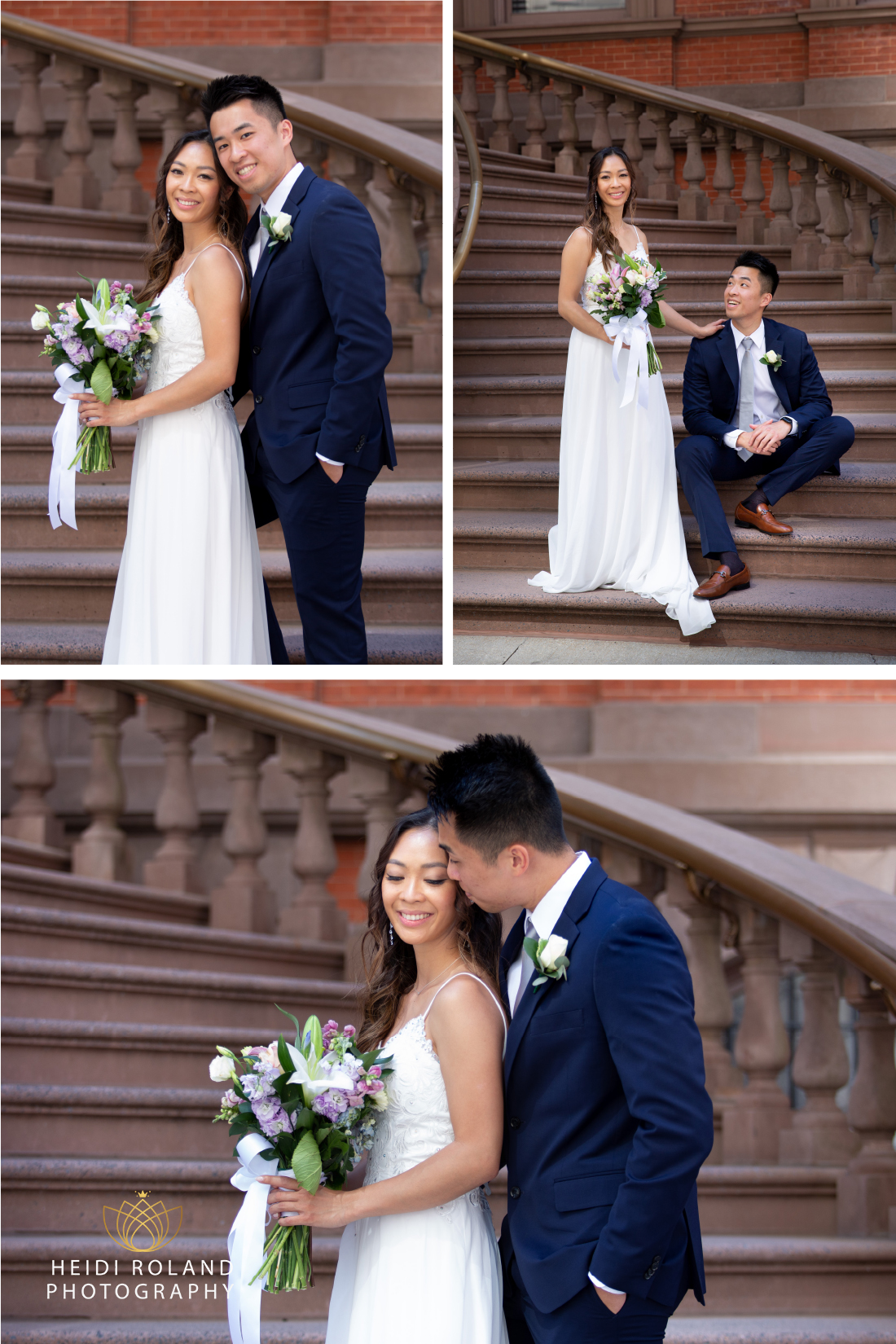 Bride and groom smiling at each other on the steps of the Union League in Philadelphia