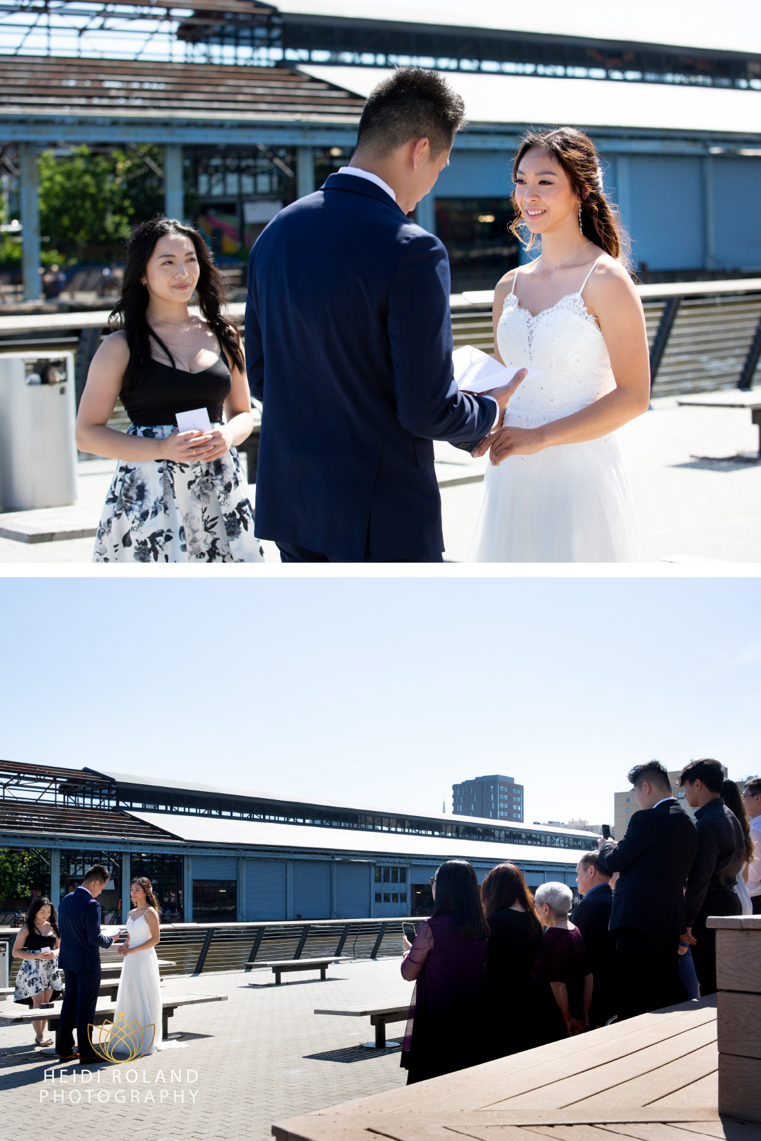 Bride and Groom exchanging wedding vows at Race Street Pier