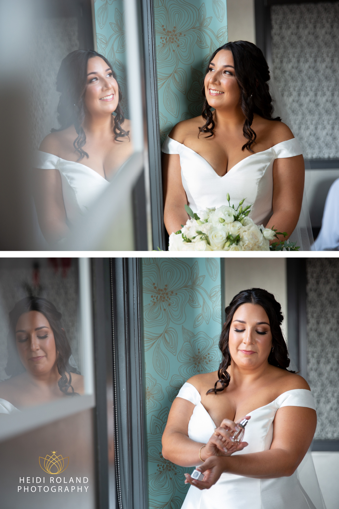 Bride looking out the window in her wedding dress by Heidi Roland Photography
