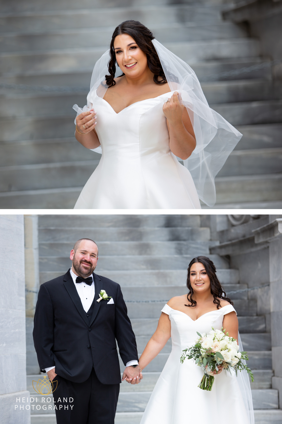 Philadelphia bride and groom holding hands by the steps of the merchant exchange building