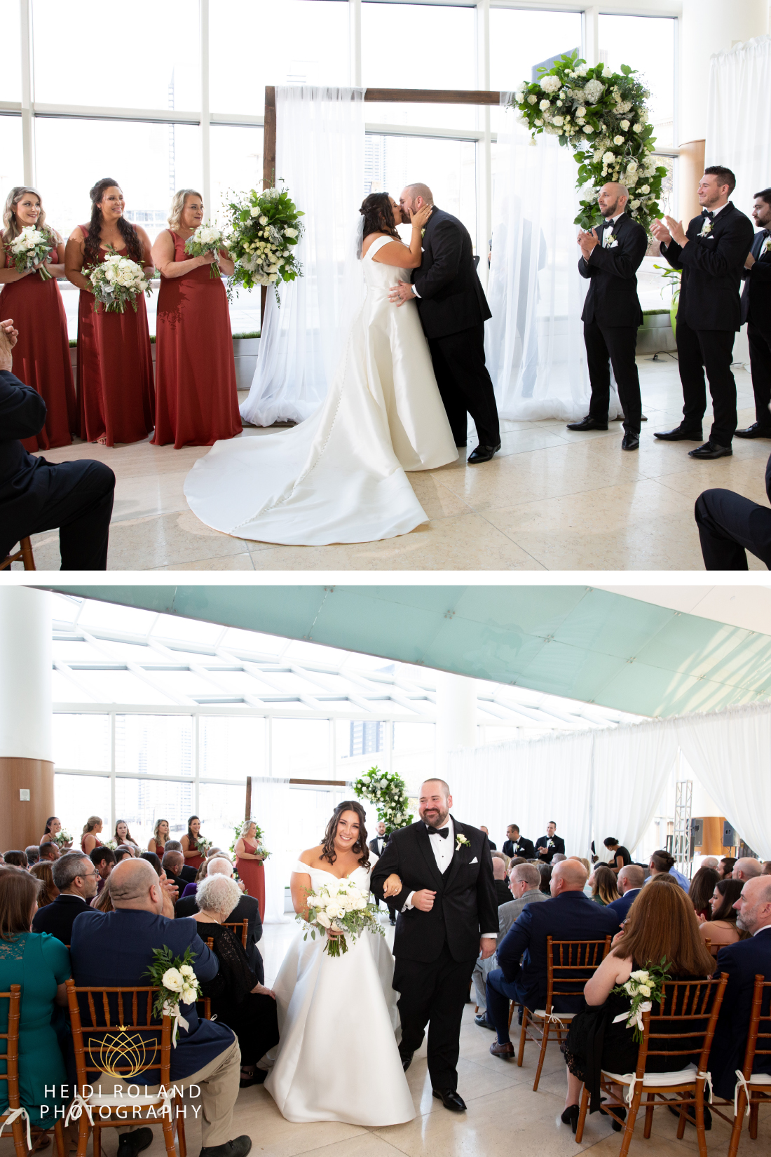 Bride and Groom first kiss at philadelphia wedding in cira centre atrium 