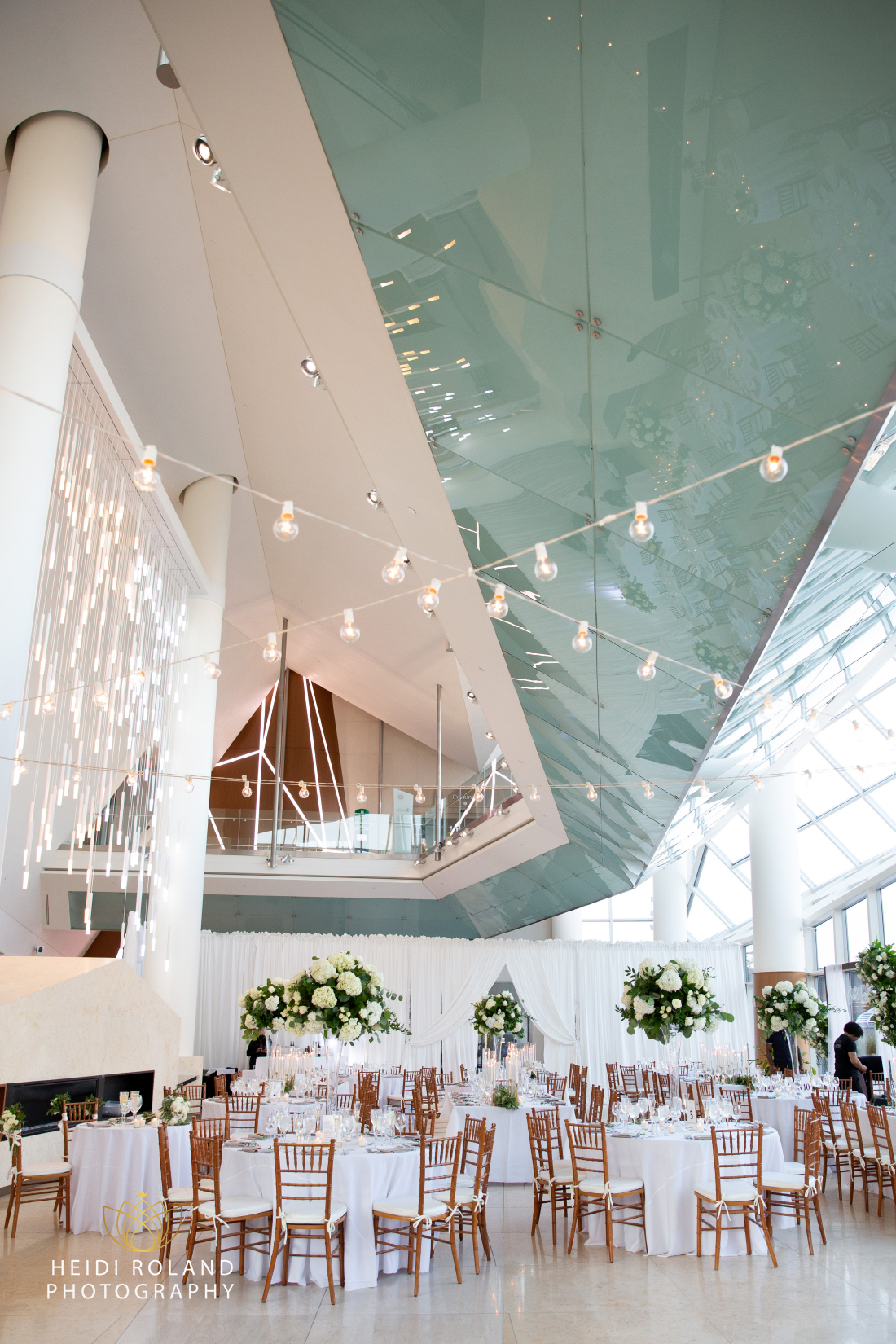 Wedding reception set up at Cira Centre Atrium in philadelphia 