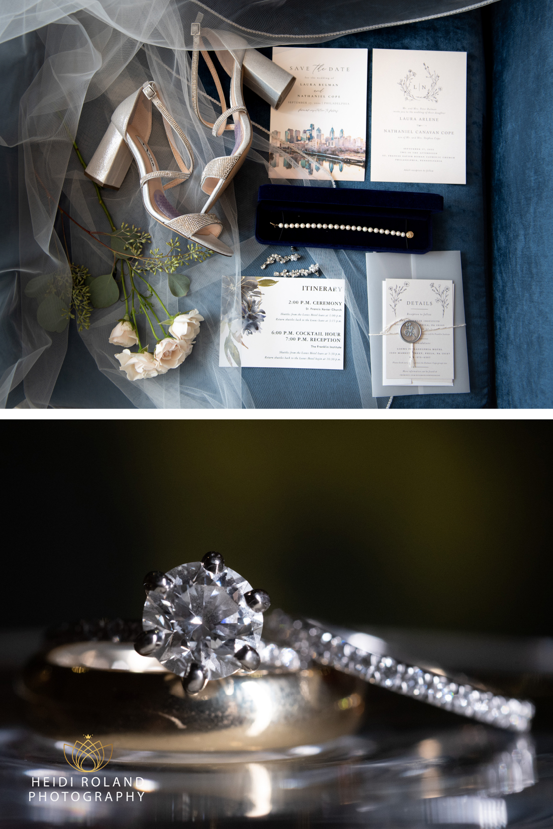 Philadelphia wedding day details including invitations, flowers and wedding rings