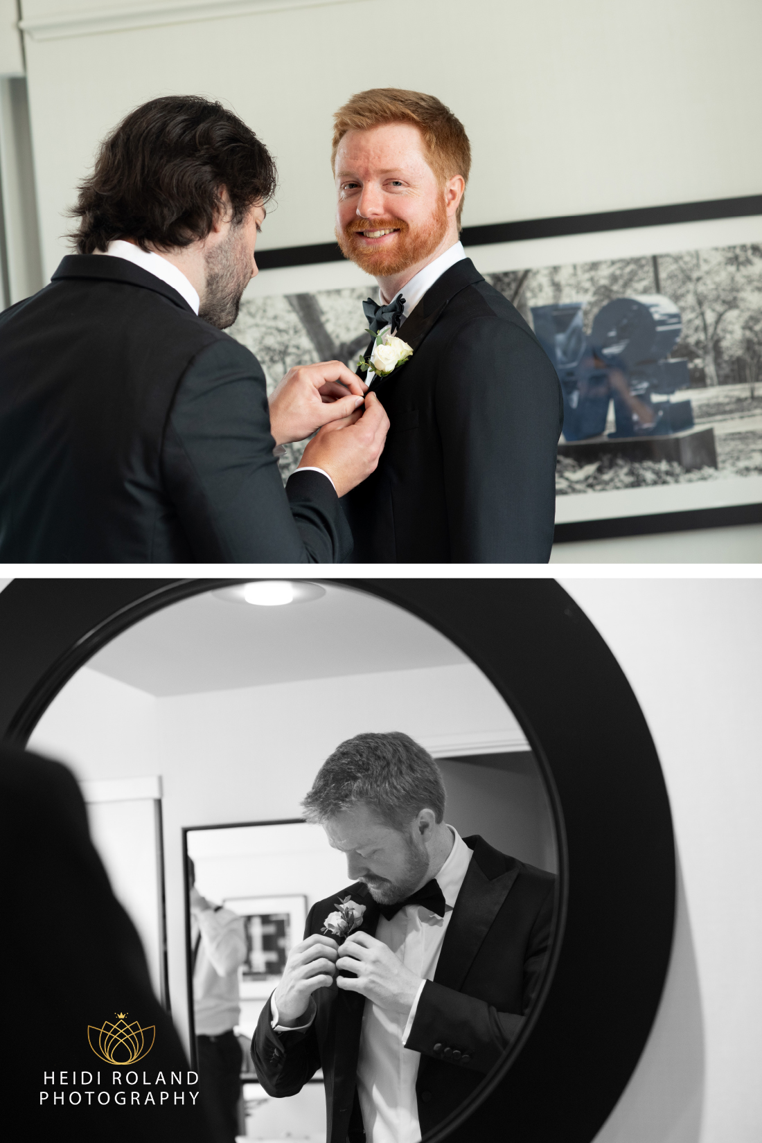 Groom adjusting boutonnière before wedding in Philadelphia
