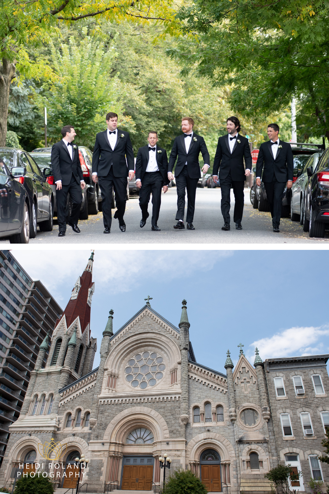 Groom with groomsmen walking down philadelphia street to cathedral for wedding