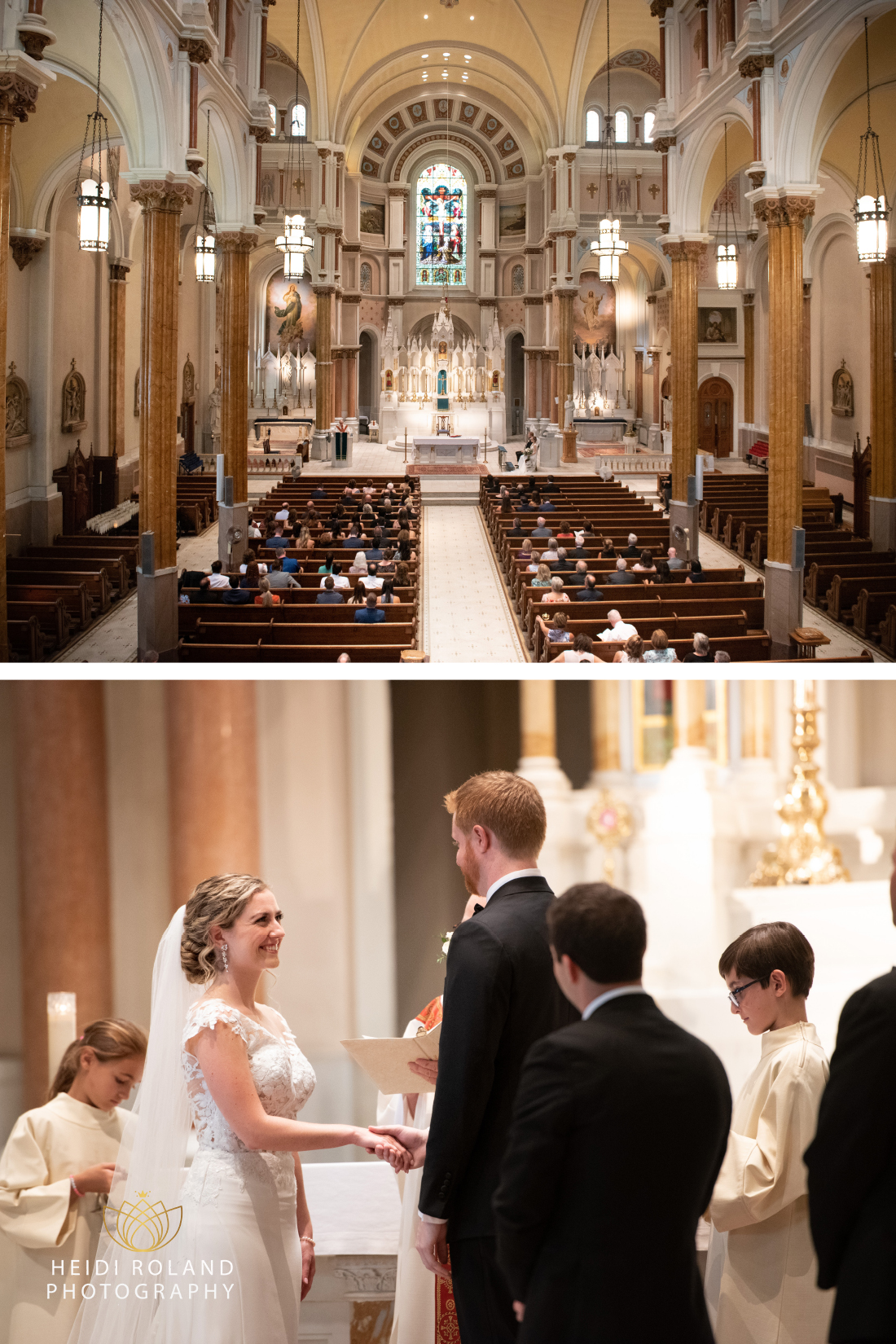 Bride and groom standing at the altar at Saint Francis Xavier Church in Philadelphia