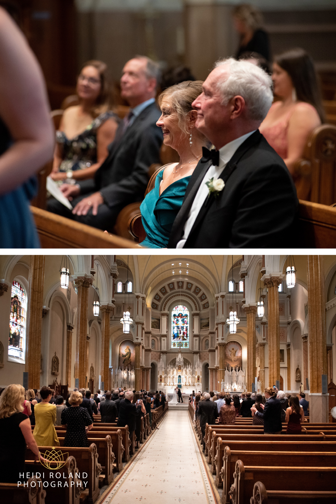 Family members of the bride and groom watching wedding ceremony at Saint Francis Xavier Church in Philly
