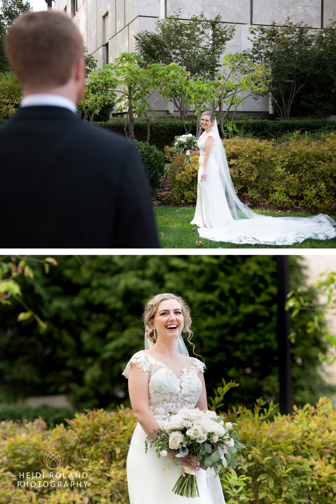 Bride smiling surrounded by foliage at the Barnes Foundation in Philadelphia