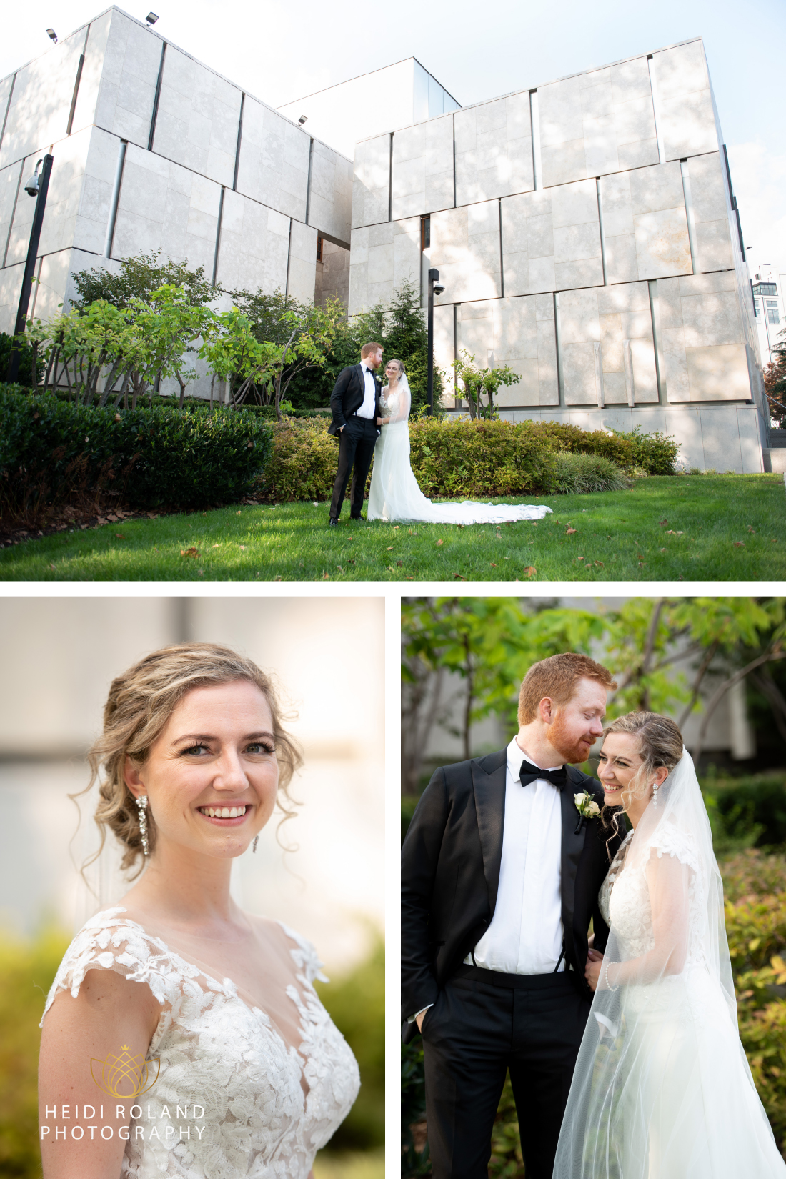 Bride and groom smiling outside the Barnes Foundation Museum in Philly