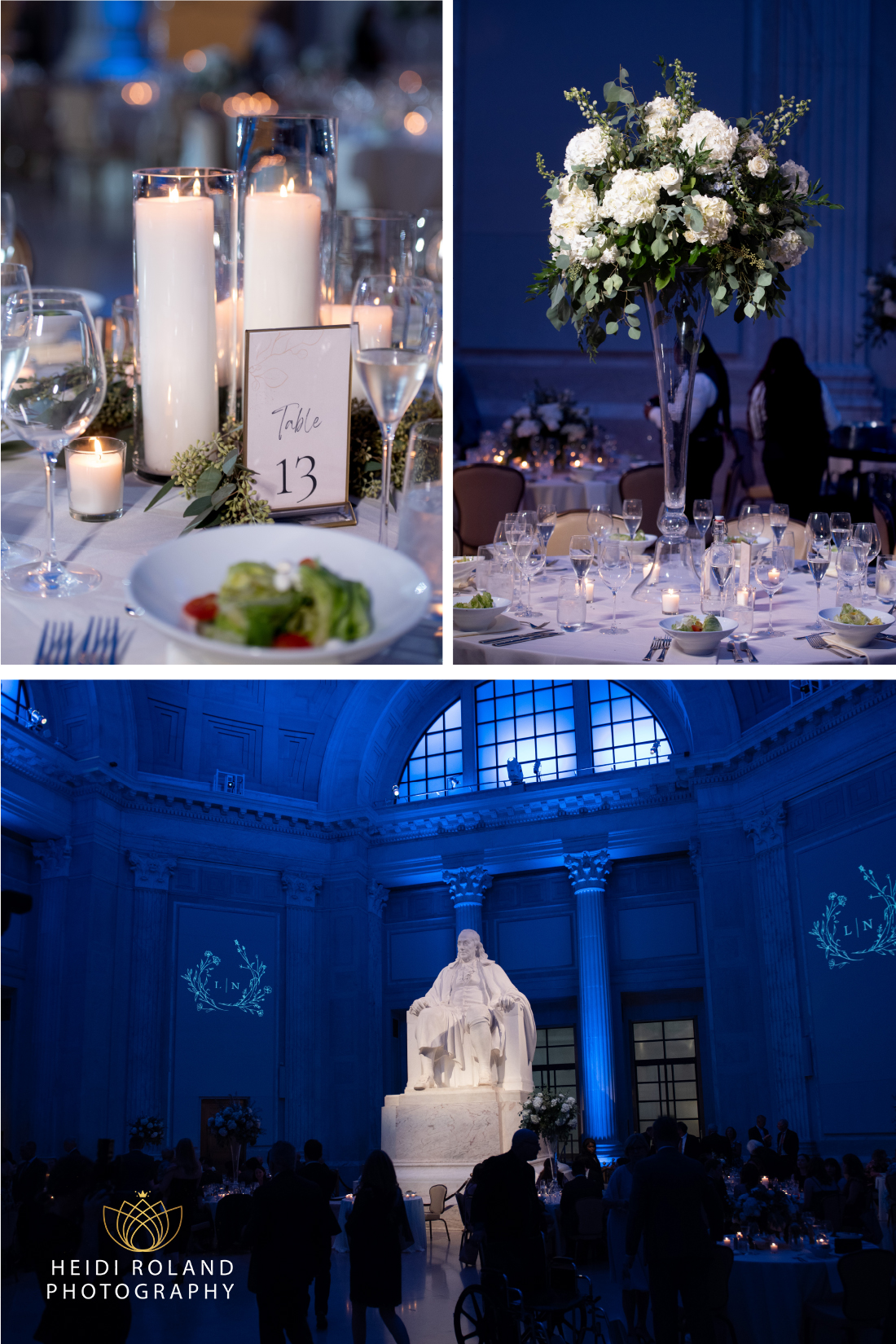 Reception set up with blue lights and white flowers at the Franklin Institute