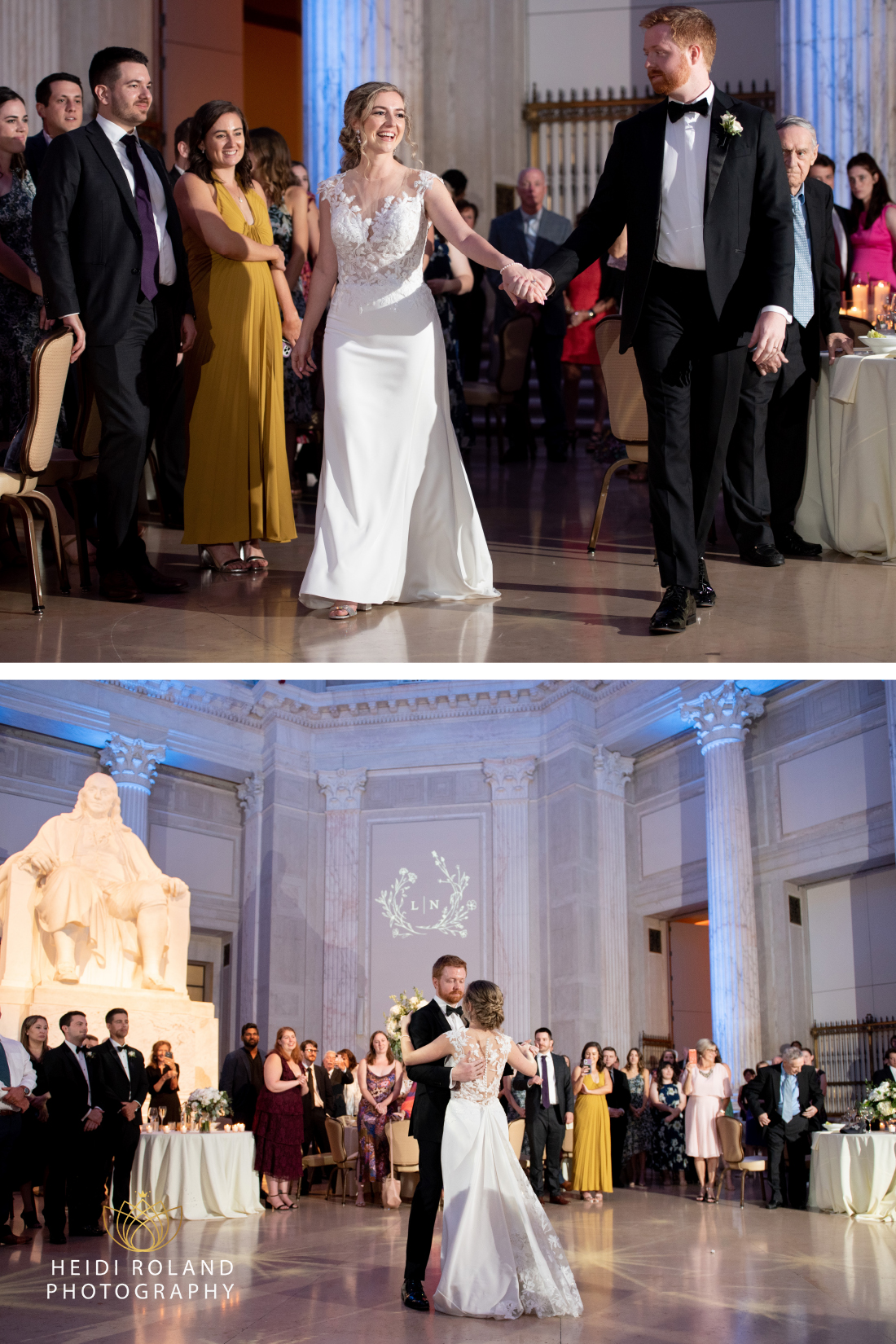Bride and groom having their first dance in the main hall of the Franklin Institute in Philly