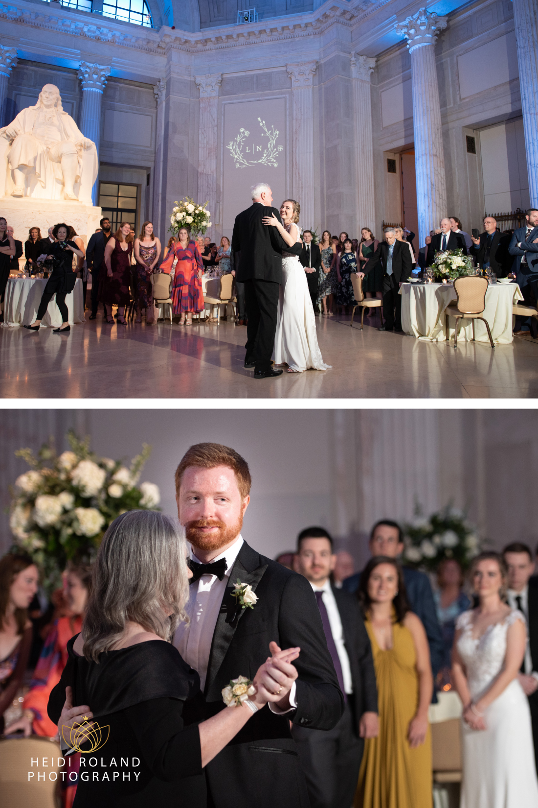 Father daughter and mother son dances at Franklin Institute wedding