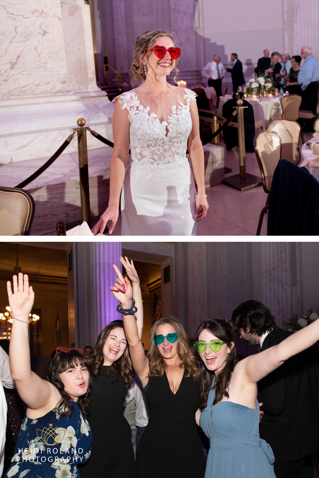 Bride and friends wearing heart shaped glasses at Philly wedding