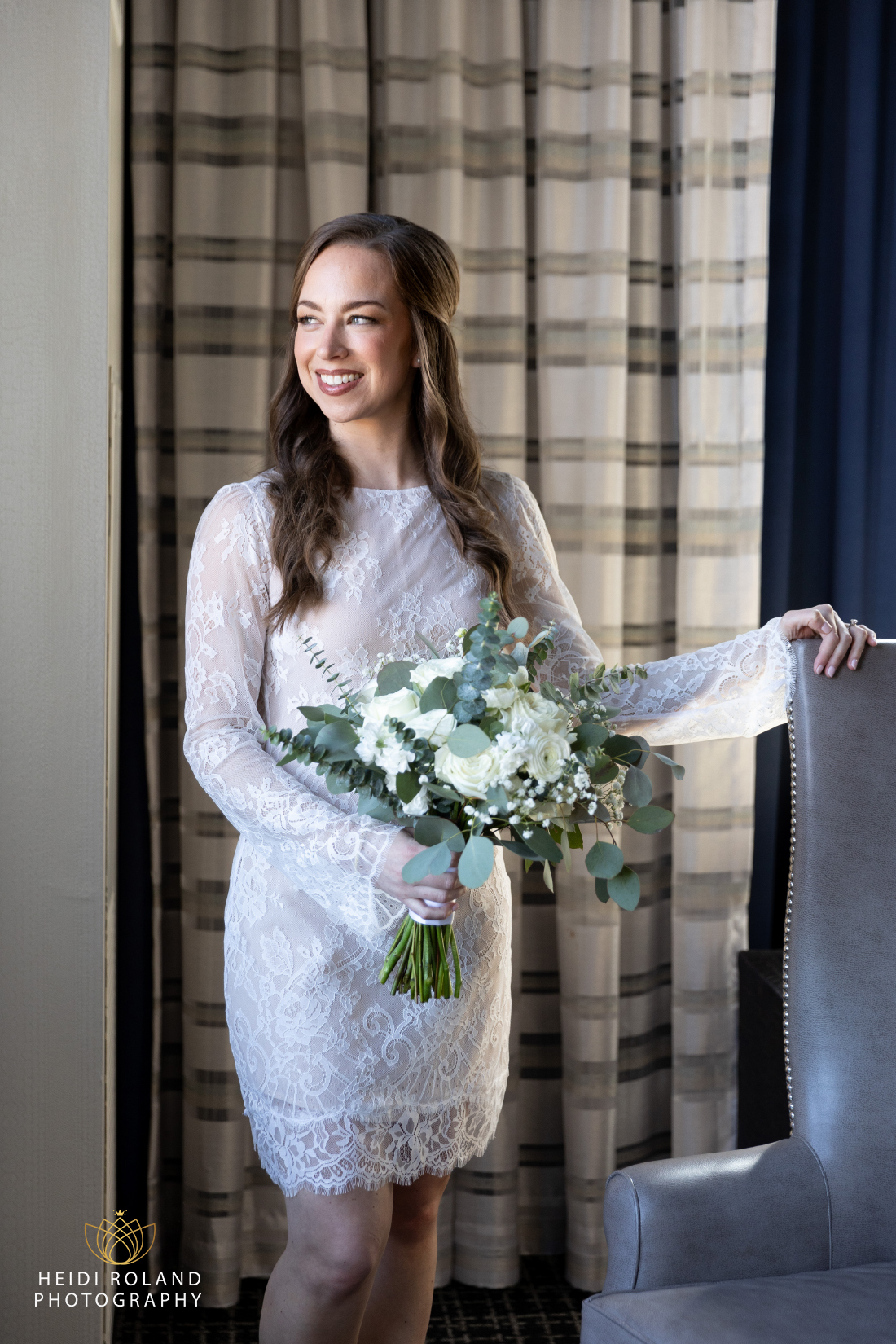 Bride in Philadelphia Hotel, short wedding dress