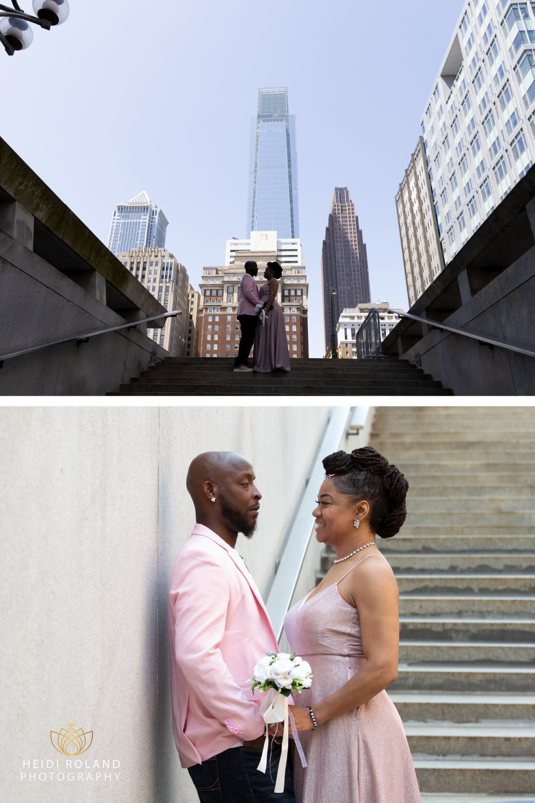 Bride and groom with Philadelphia city skyline