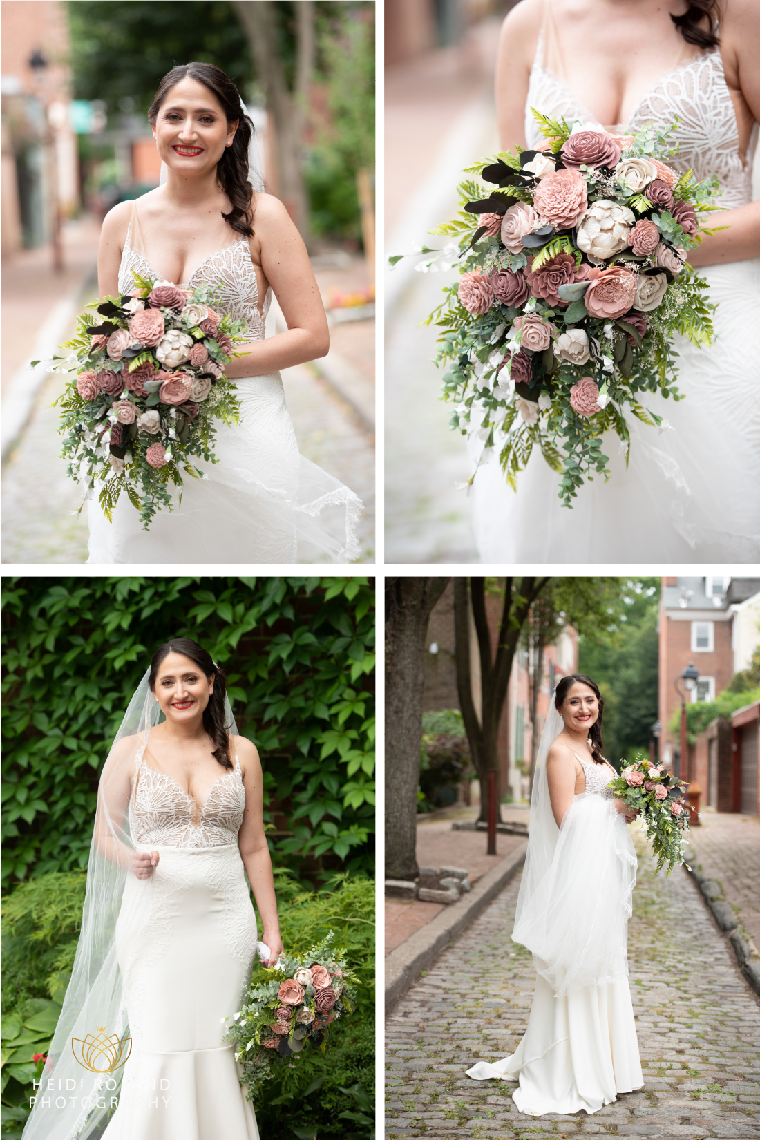 bride with pink and blush flowers outside in Philadelphia