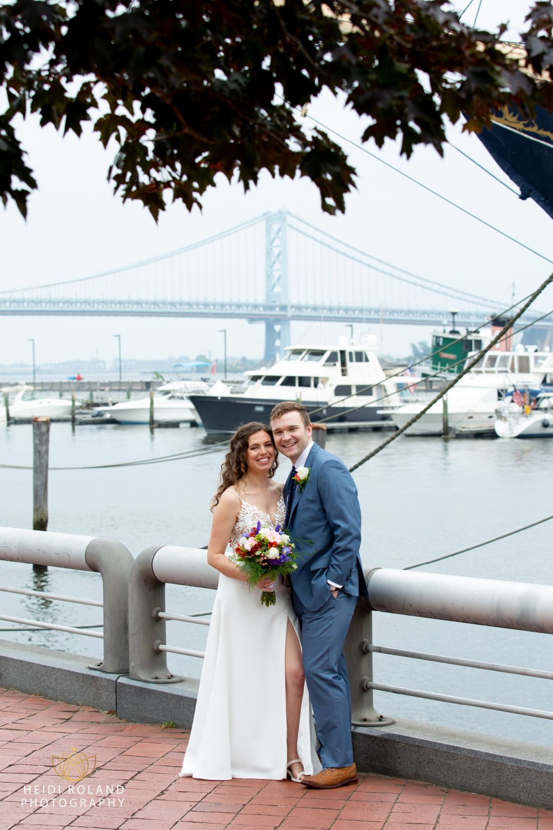 Bride and groom photos on the Delaware River Philadelphia PA