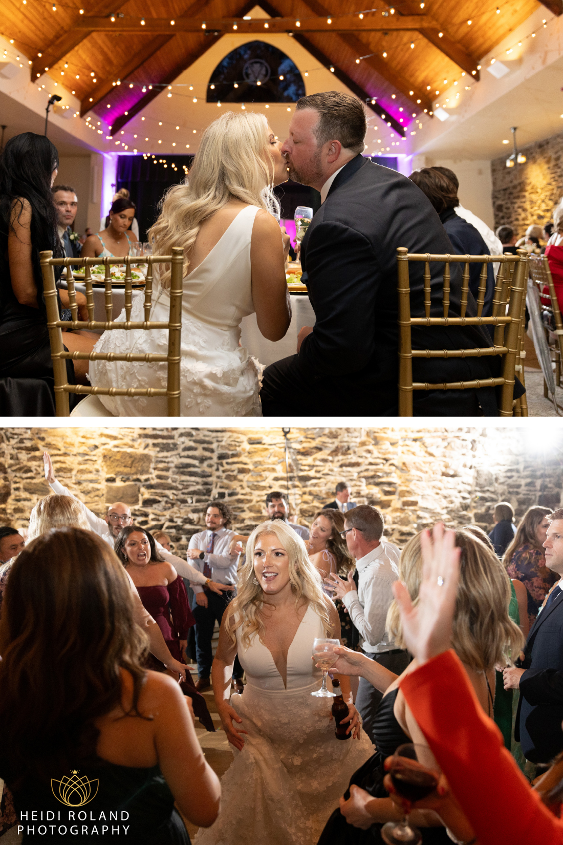 Bride and groom kiss at sweetheart table 