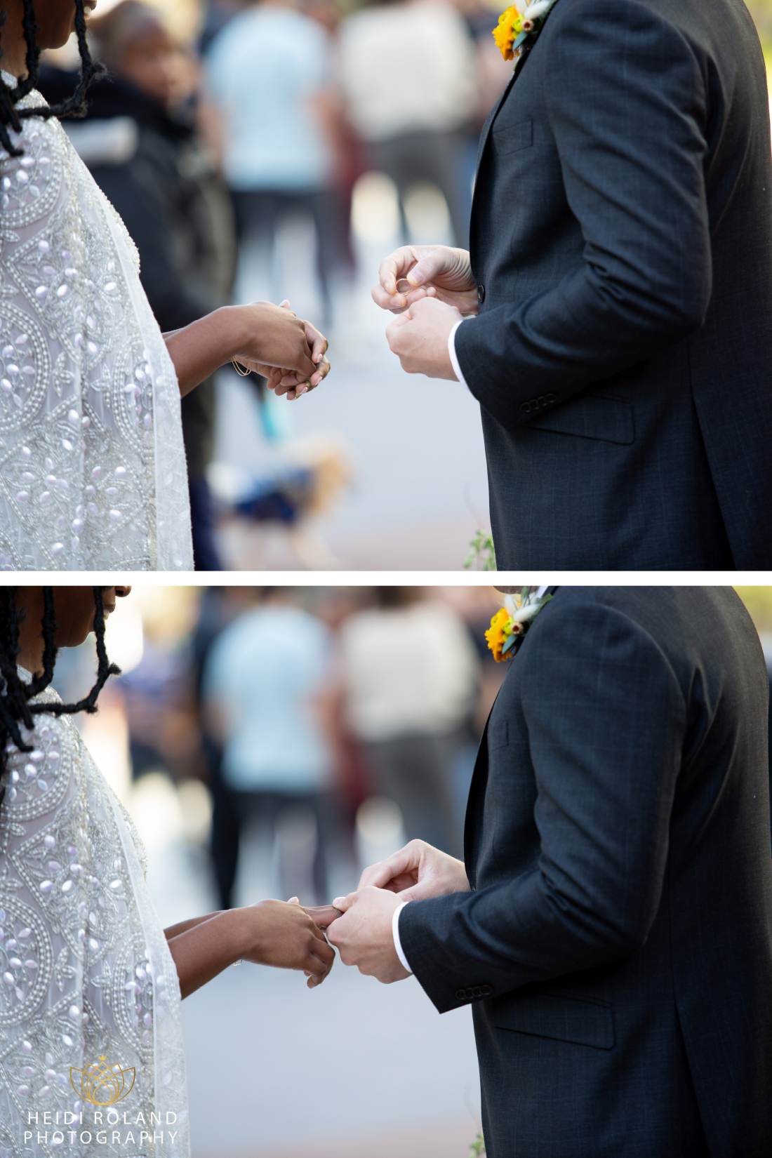 bride and groom exchange wedding rings at Love Park Statue in Philadelphia